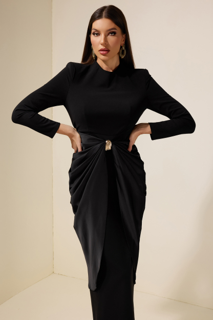 Satin Metal Decorations Long Sleeve Midi Dress