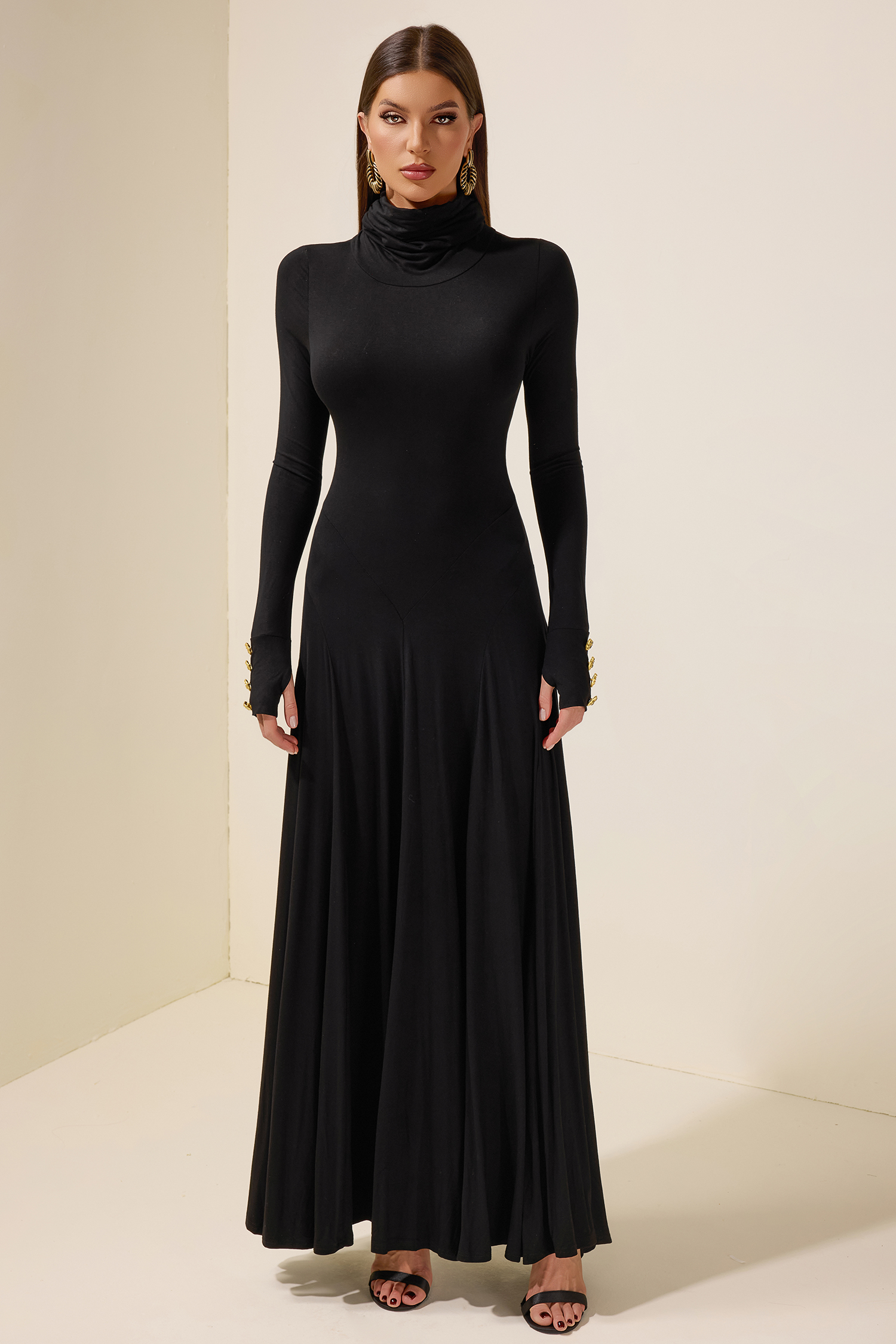 Jersey Metal Button Long Sleeve Maxi Dress