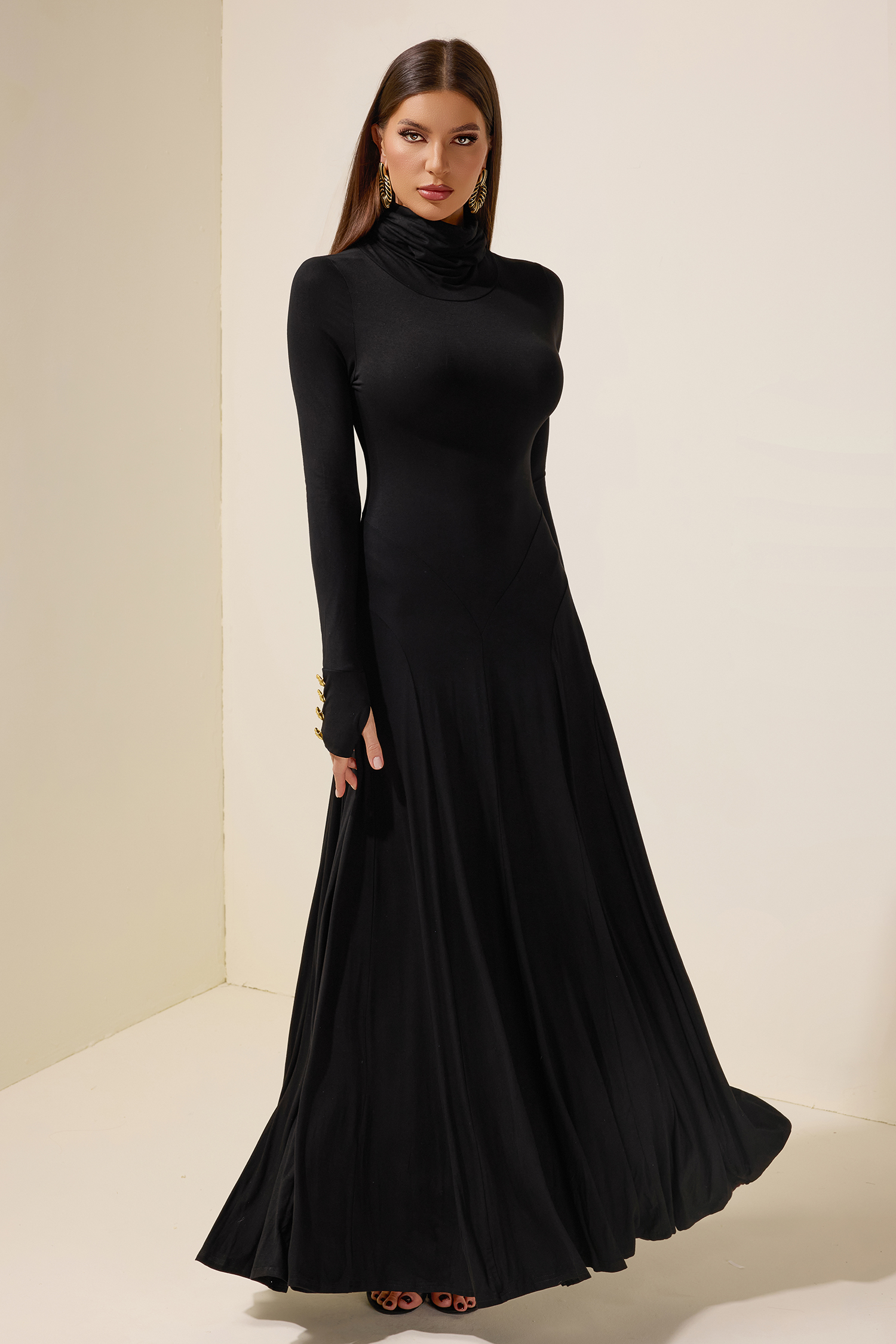 Jersey Metal Button Long Sleeve Maxi Dress