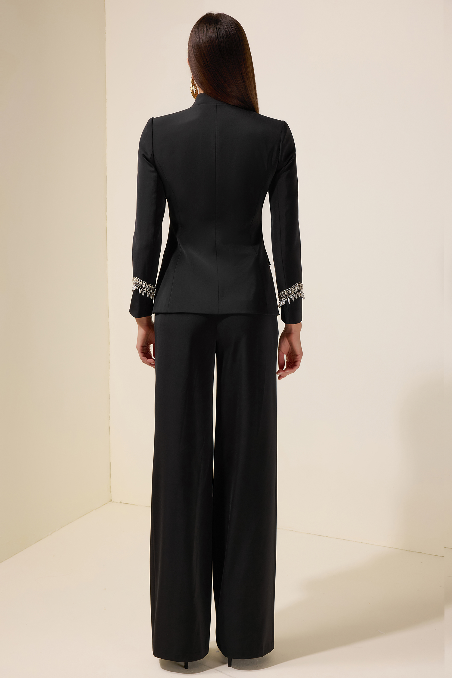 Nail Bead Embroidery Stand Collar Blazer & High Waist Pants Set