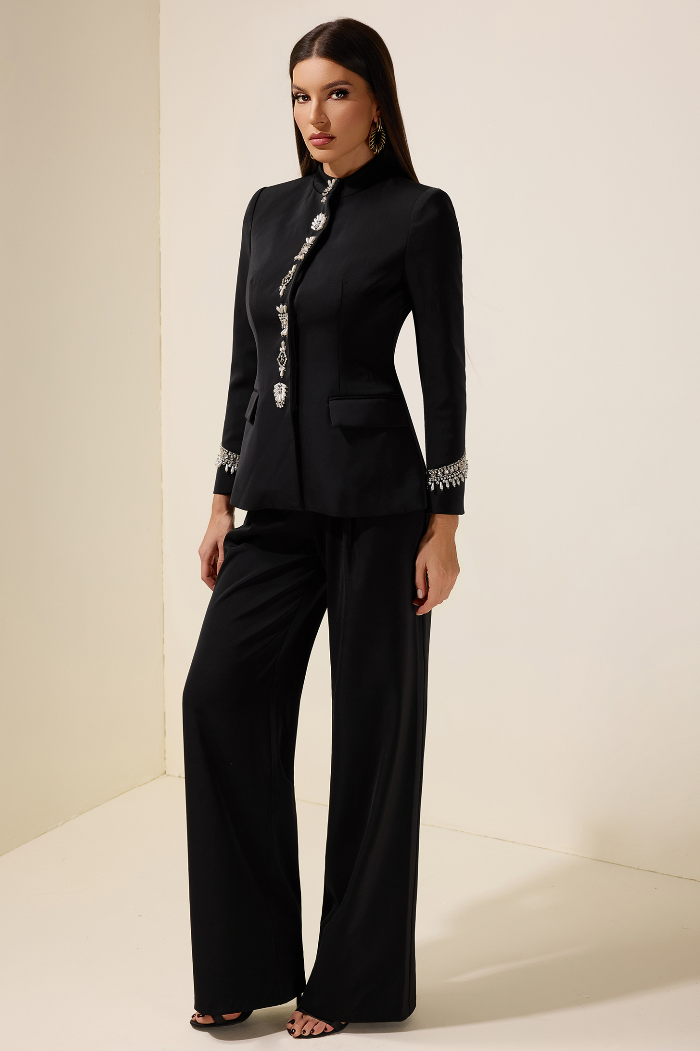 Nail Bead Embroidery Stand Collar Blazer & High Waist Pants Set