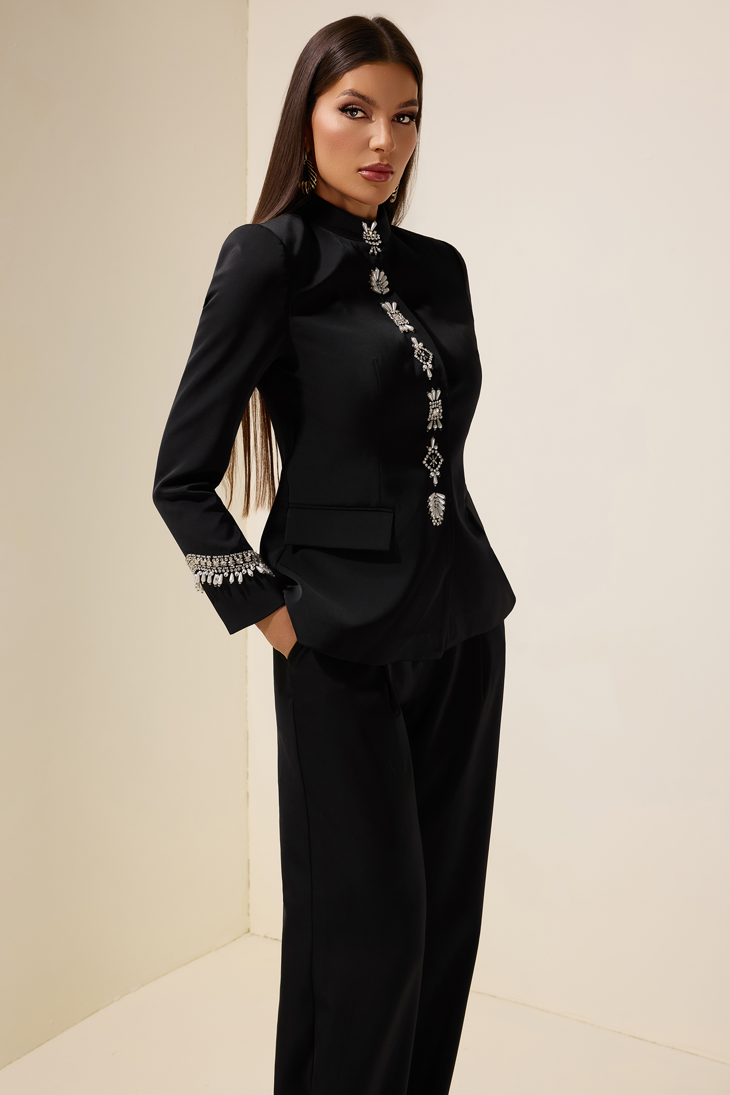 Nail Bead Embroidery Stand Collar Blazer & High Waist Pants Set