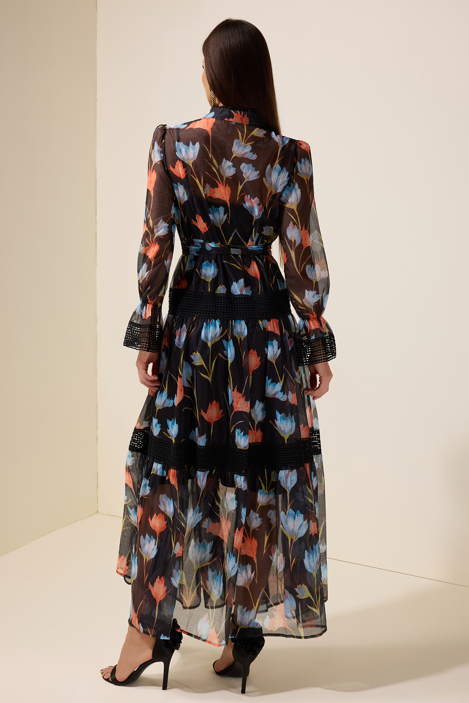 Lace Splicing Floral Single Breasted Midi Dress With Belt