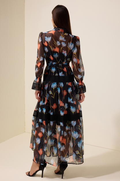 Lace Splicing Floral Single Breasted Midi Dress With Belt