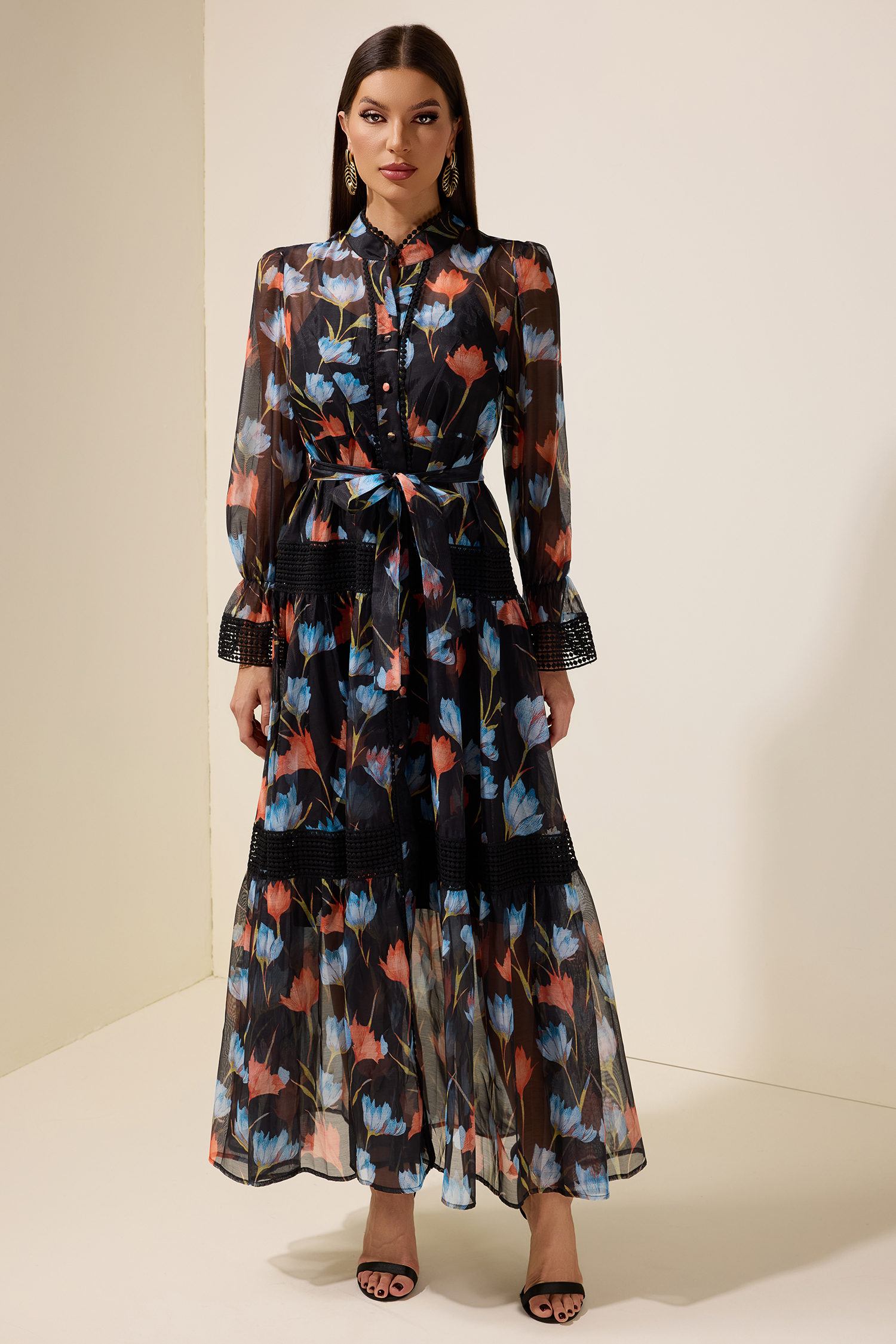 Lace Splicing Floral Single Breasted Midi Dress With Belt