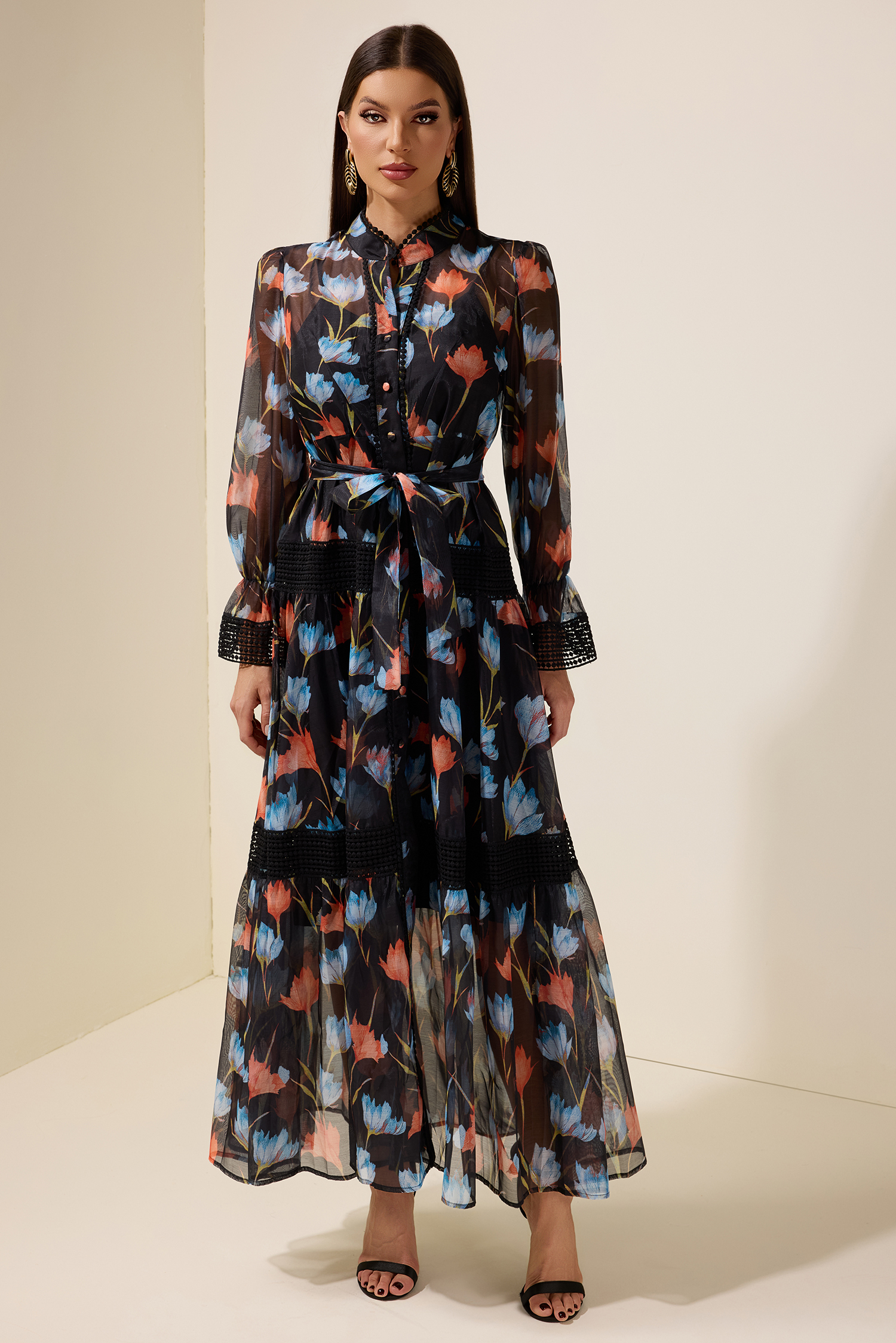 Lace Splicing Floral Single Breasted Midi Dress With Belt