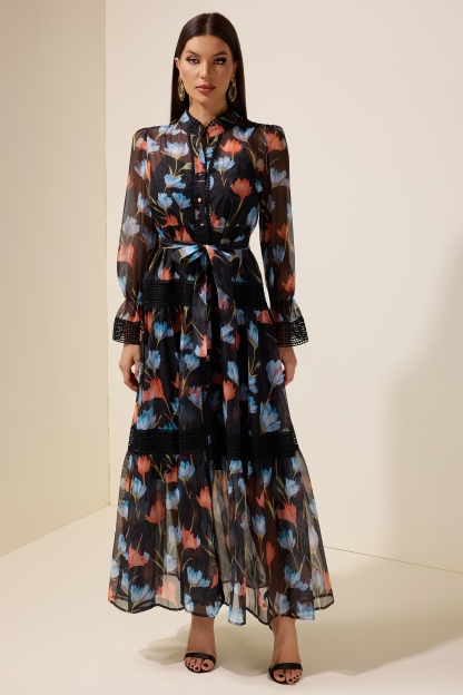 Lace Splicing Floral Single Breasted Midi Dress With Belt