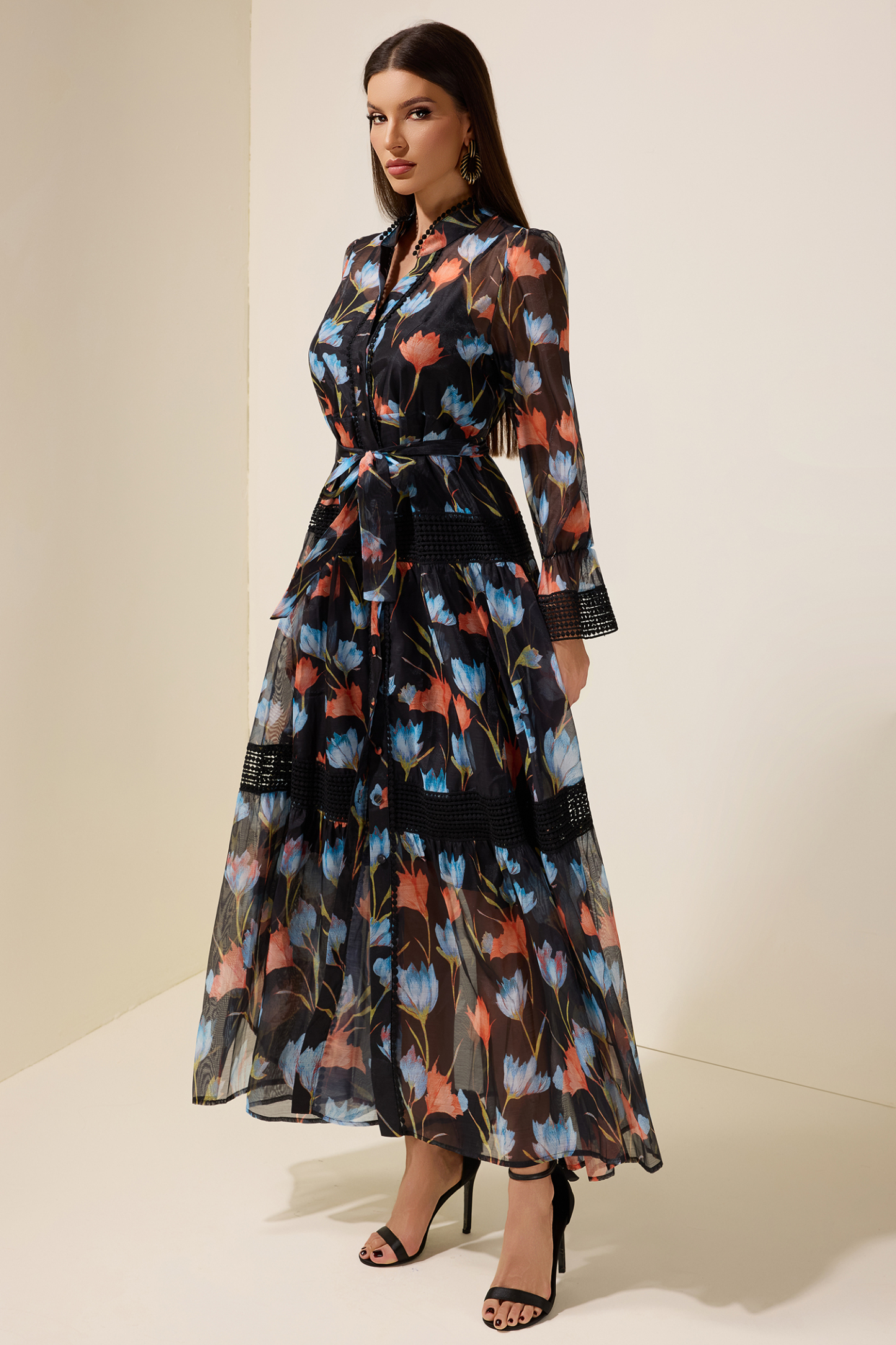 Lace Splicing Floral Single Breasted Midi Dress With Belt