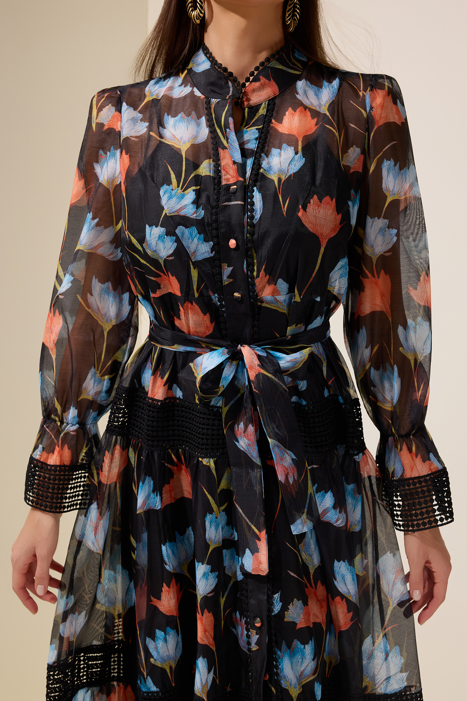 Lace Splicing Floral Single Breasted Midi Dress With Belt