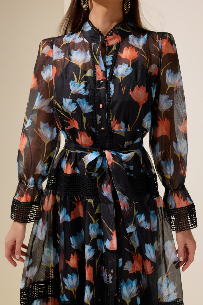 Lace Splicing Floral Single Breasted Midi Dress With Belt