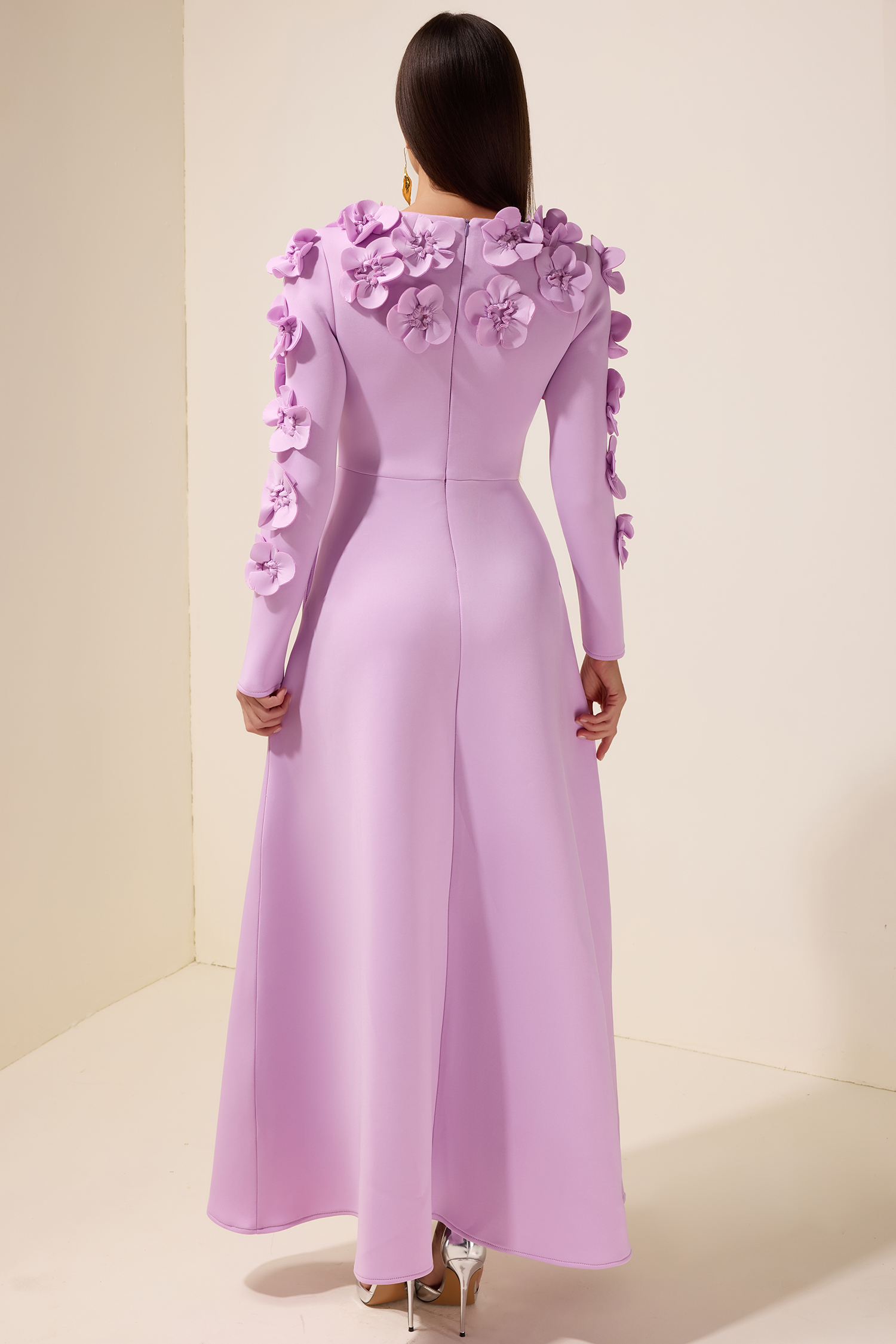 3D Flower Bow Long Sleeve Maxi Dress