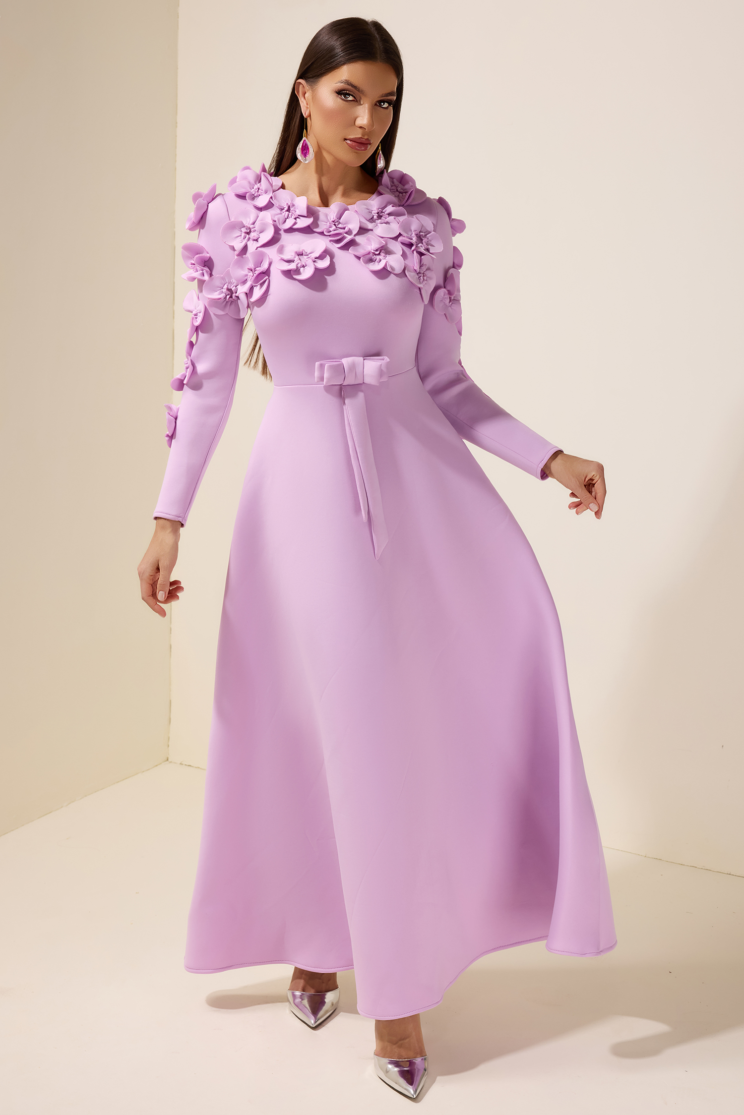 3D Flower Bow Long Sleeve Maxi Dress
