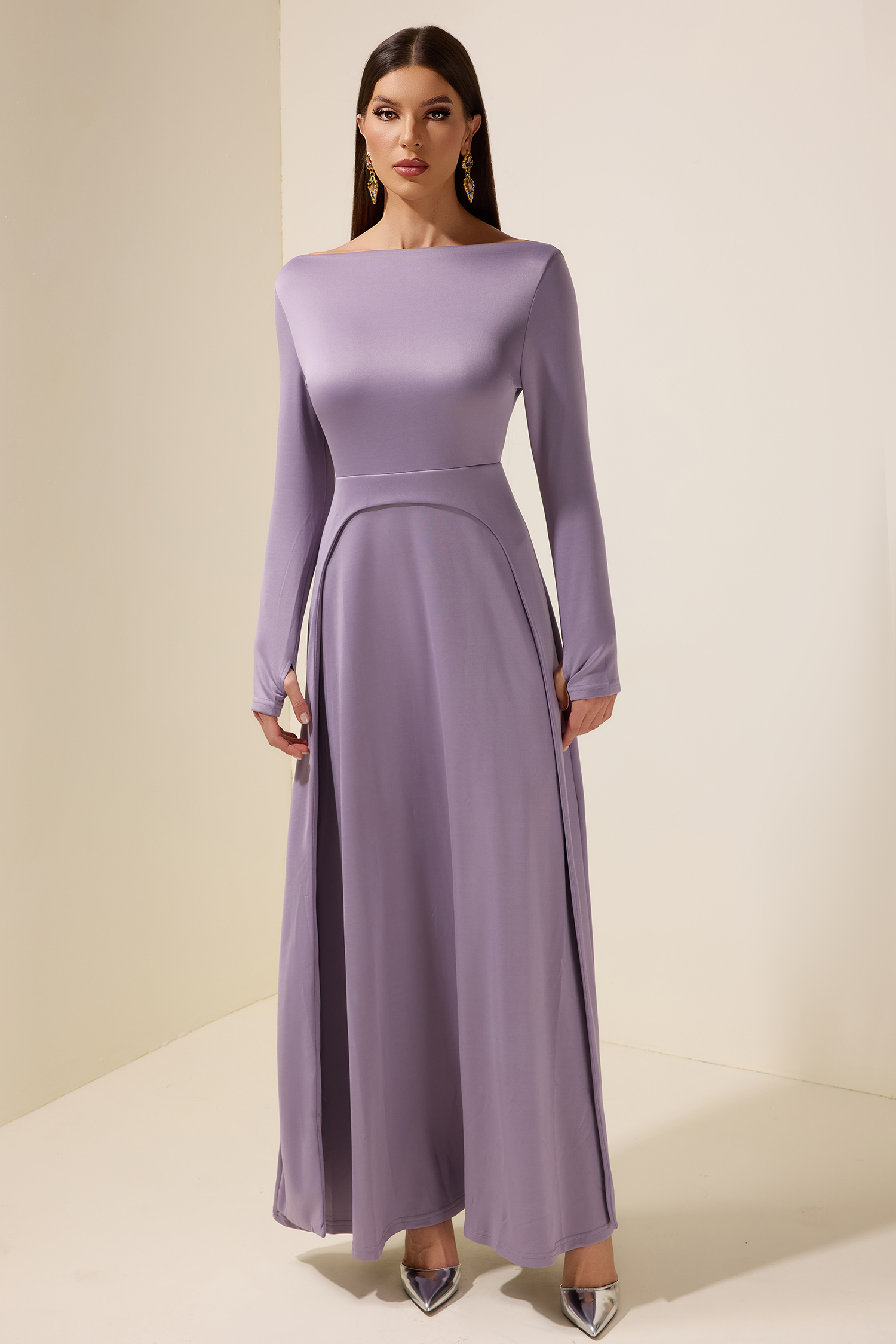 Jersey Boat Neck Long Sleeve Maxi Dress