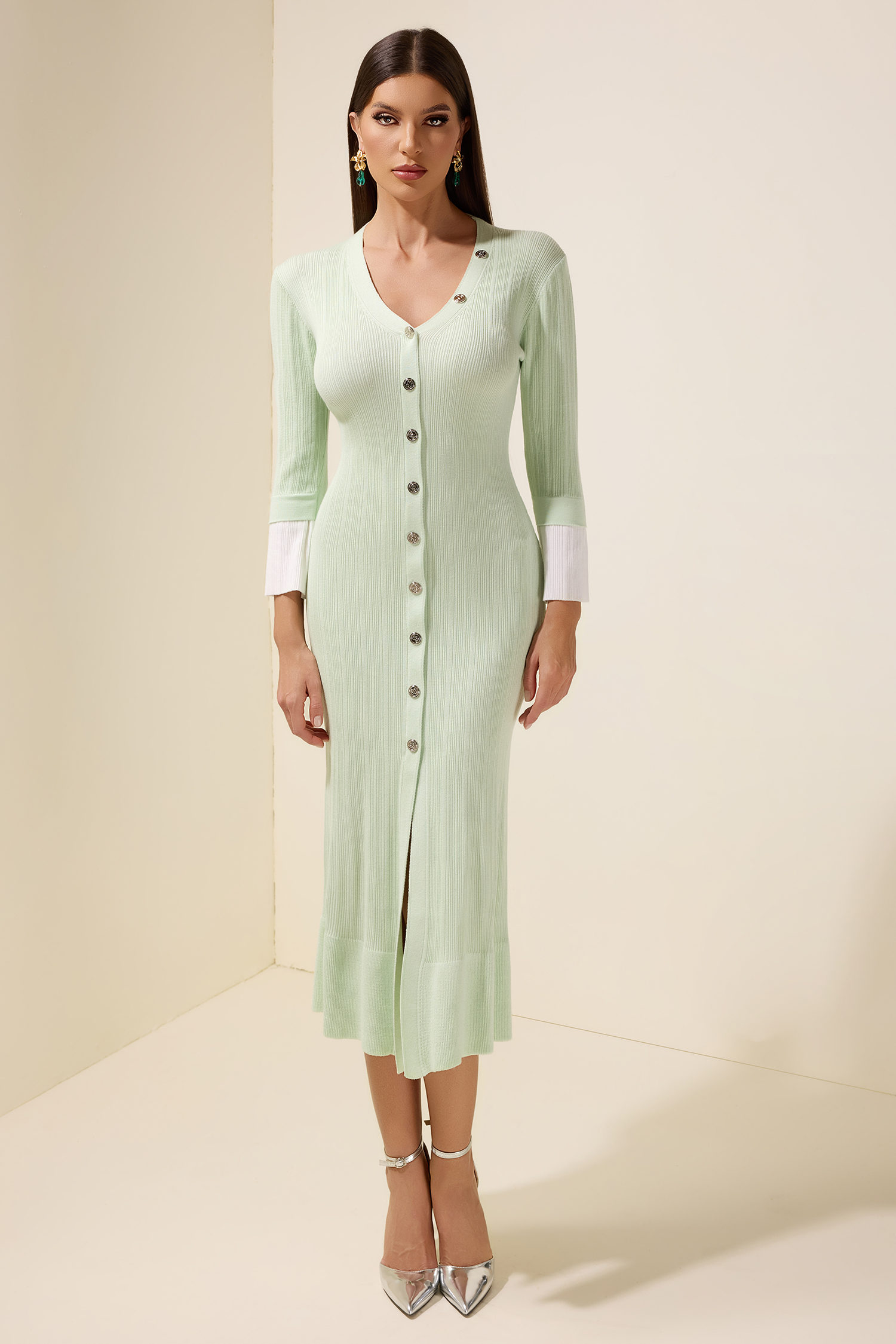 Knit Single Breasted V-Neck Midi Dress