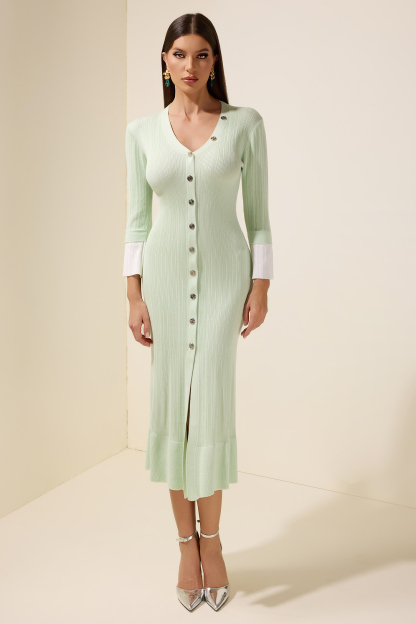 Knit Single Breasted V-Neck Midi Dress