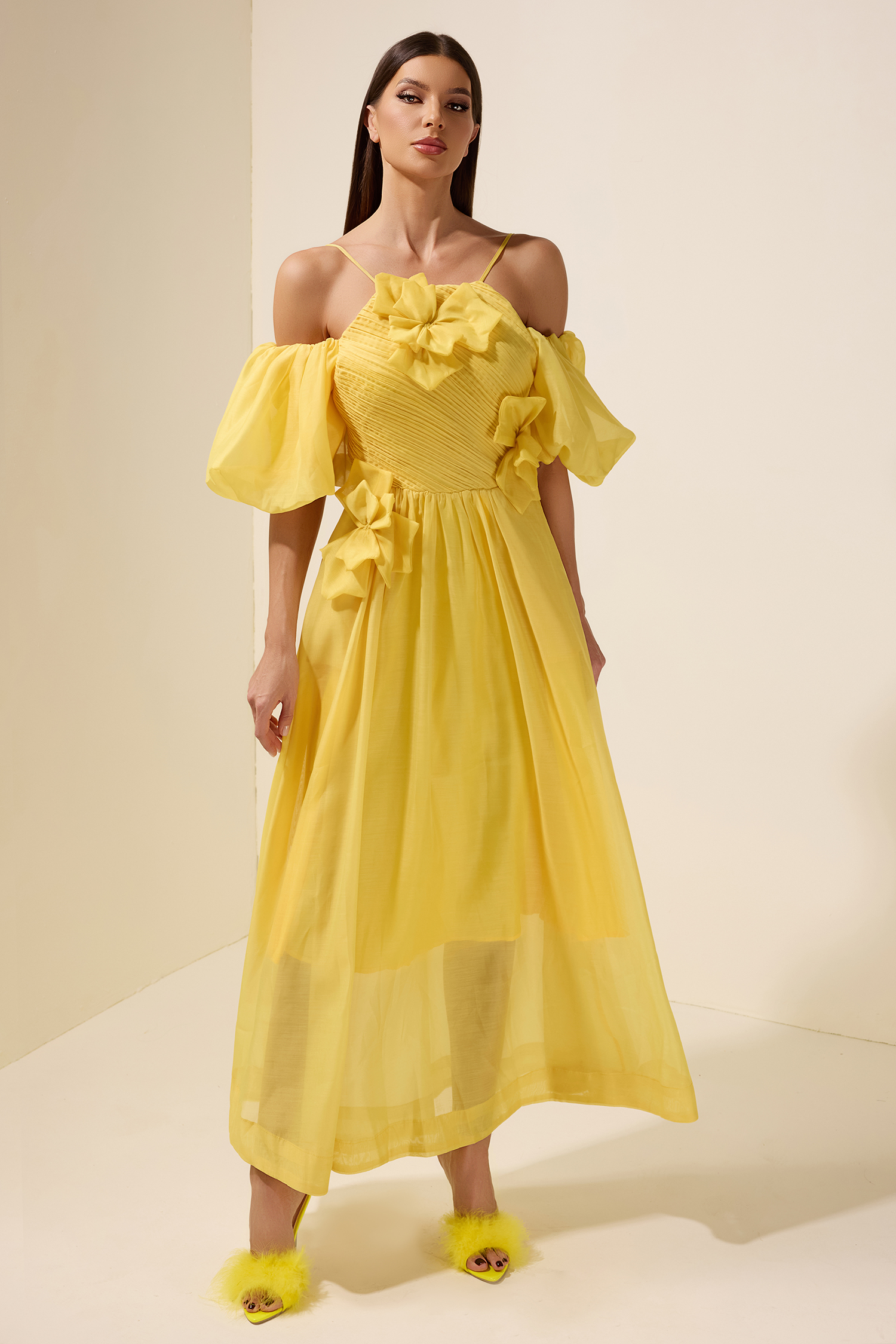Chiffon Off Shoulder 3D Flower Maxi Dress