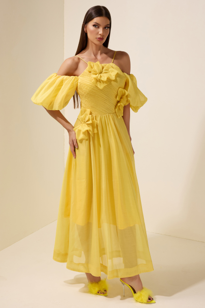 Chiffon Off Shoulder 3D Flower Maxi Dress