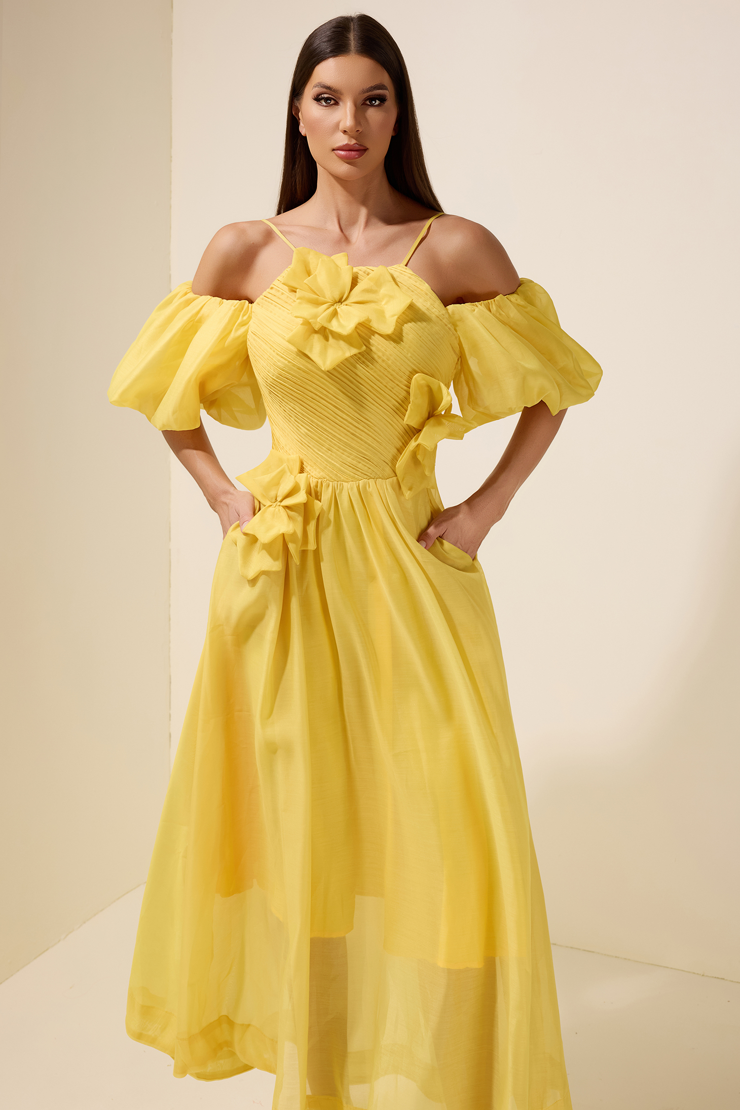 Chiffon Off Shoulder 3D Flower Maxi Dress