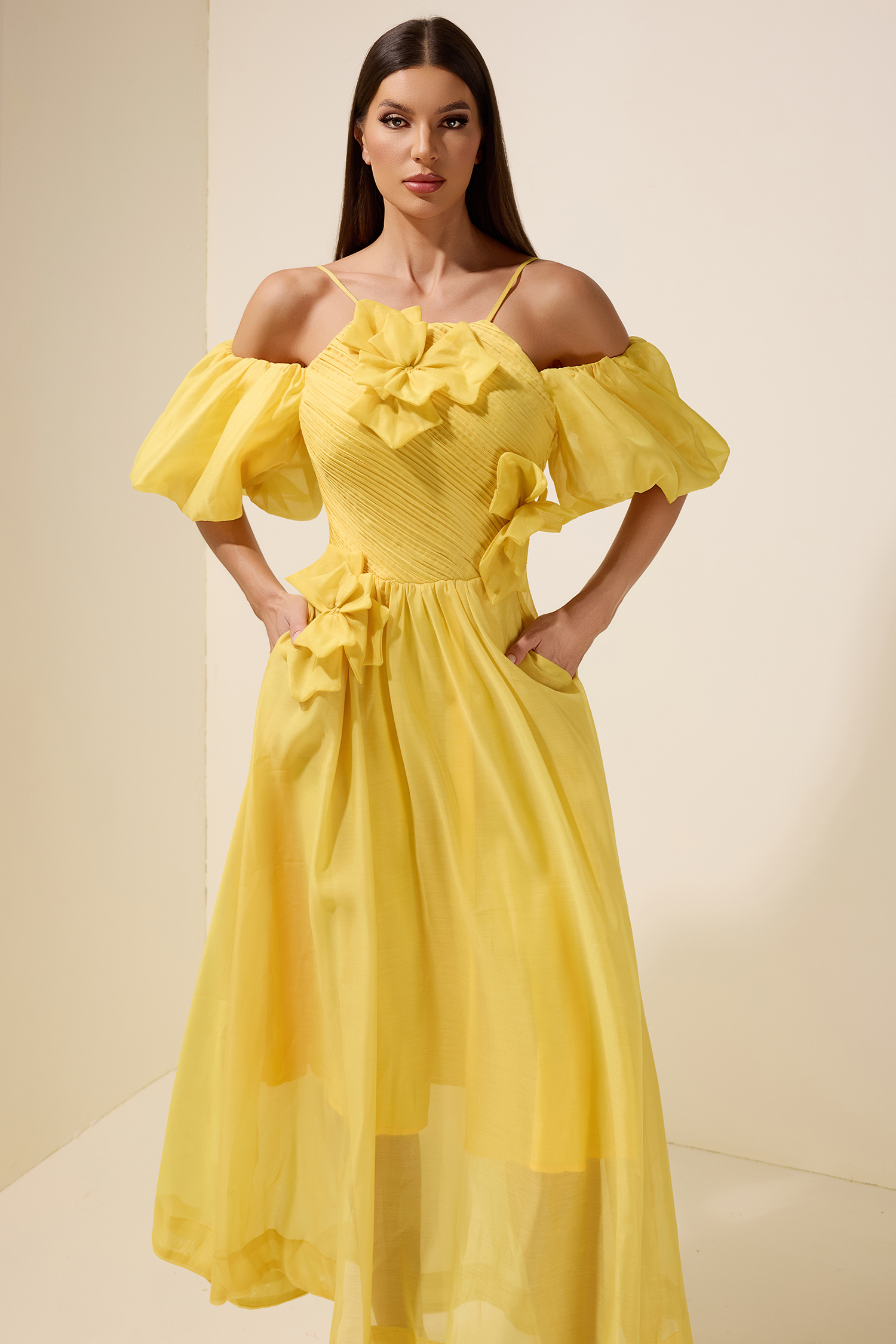 Chiffon Off Shoulder 3D Flower Maxi Dress
