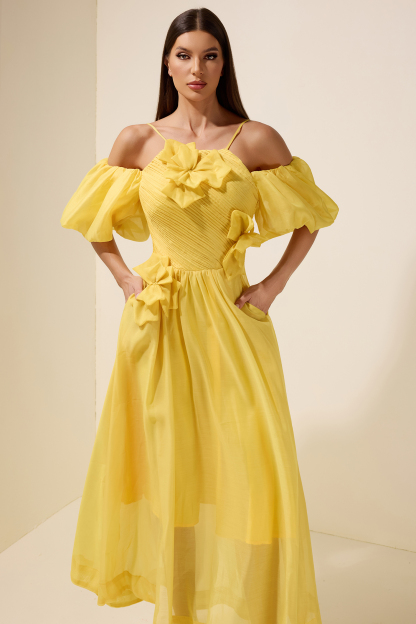 Chiffon Off Shoulder 3D Flower Maxi Dress