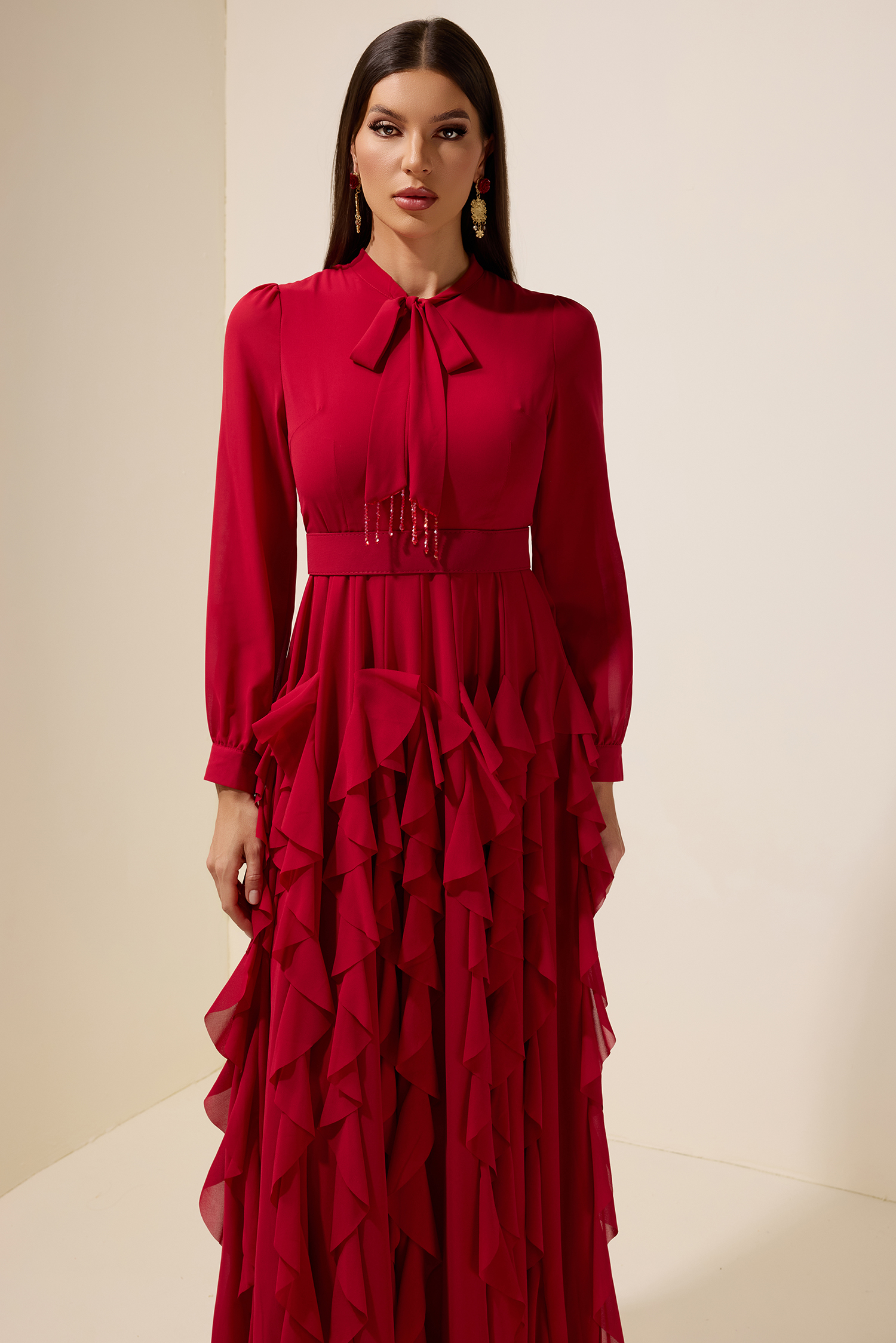 Chiffon Frill Beads Maxi Dress