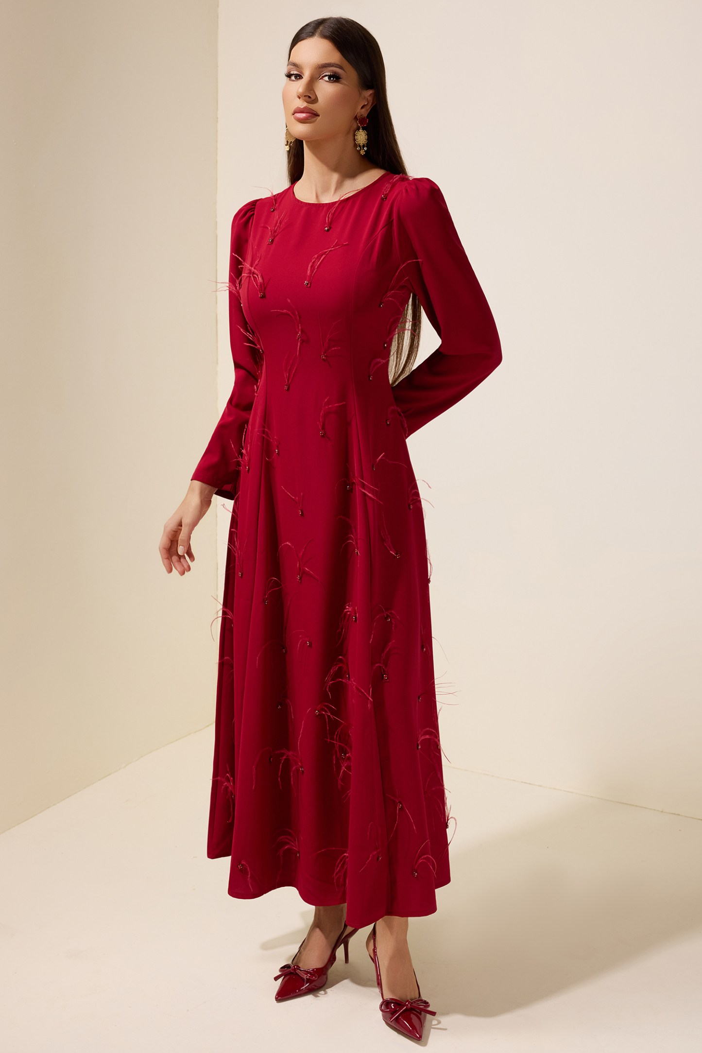 Feather Rhinestone Rivets Long Sleeve Maxi Dress