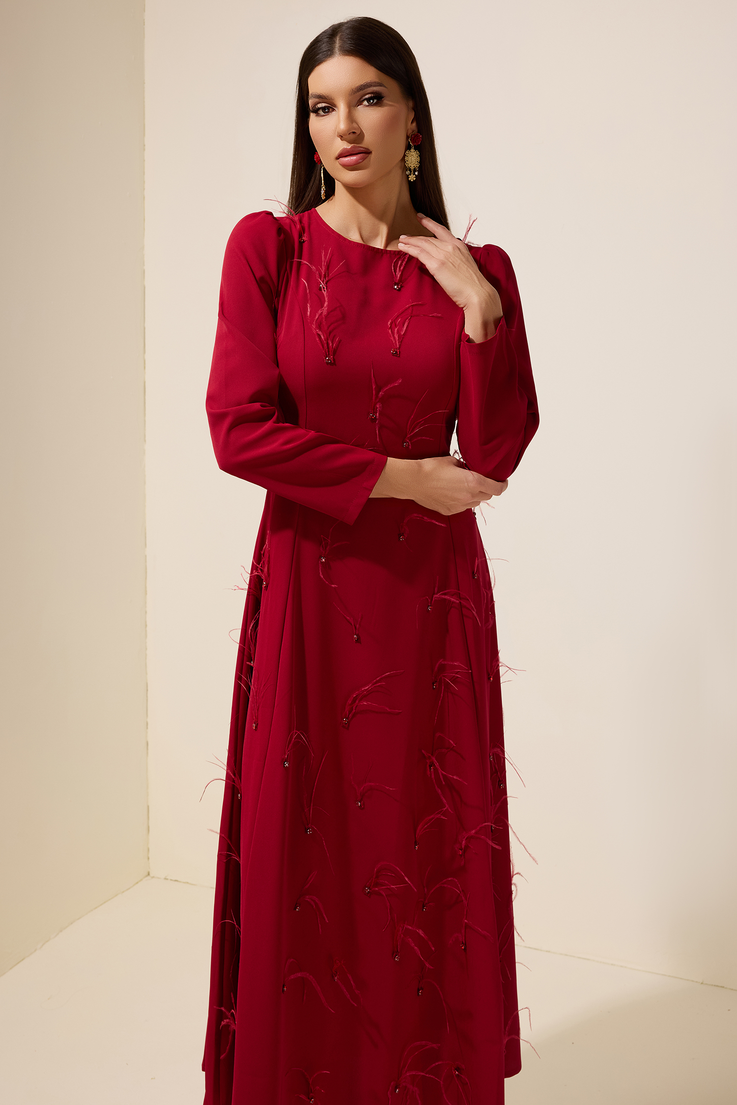 Feather Rhinestone Rivets Long Sleeve Maxi Dress