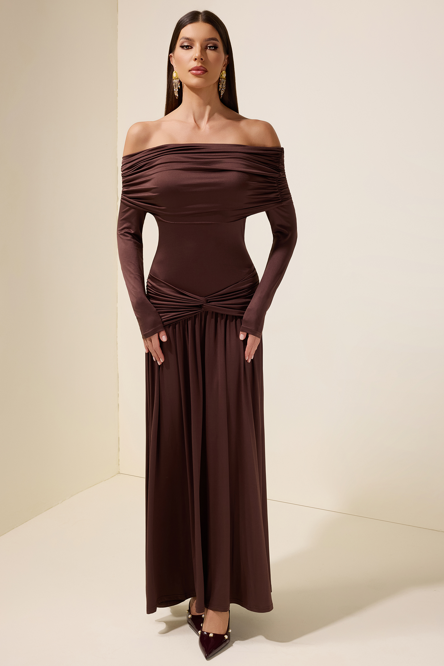 Jersey Knotted Off-Shoulder Maxi Dress