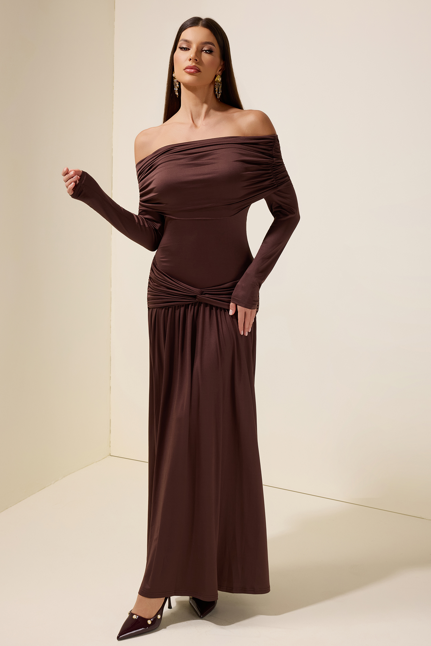 Jersey Knotted Off-Shoulder Maxi Dress