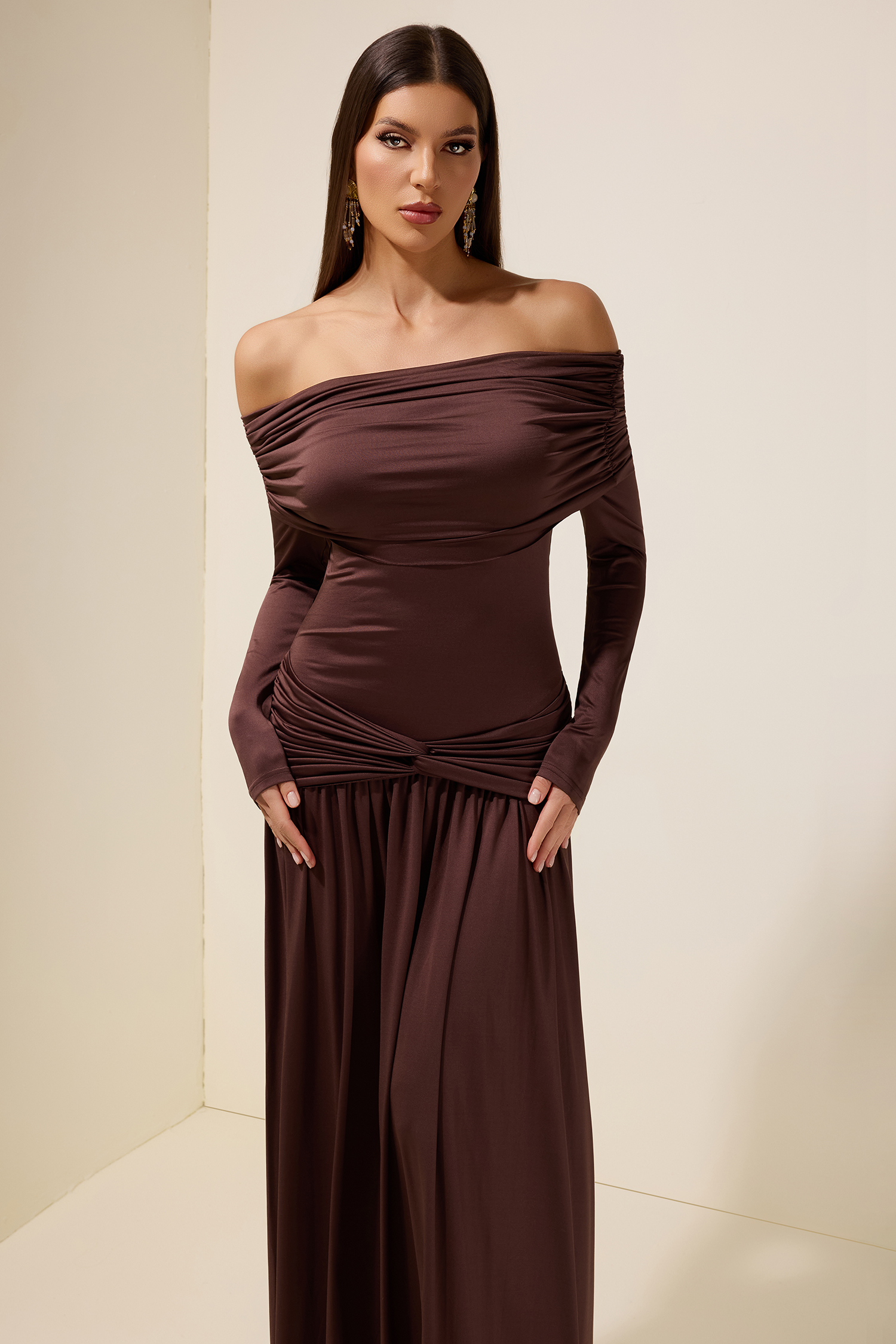 Jersey Knotted Off-Shoulder Maxi Dress