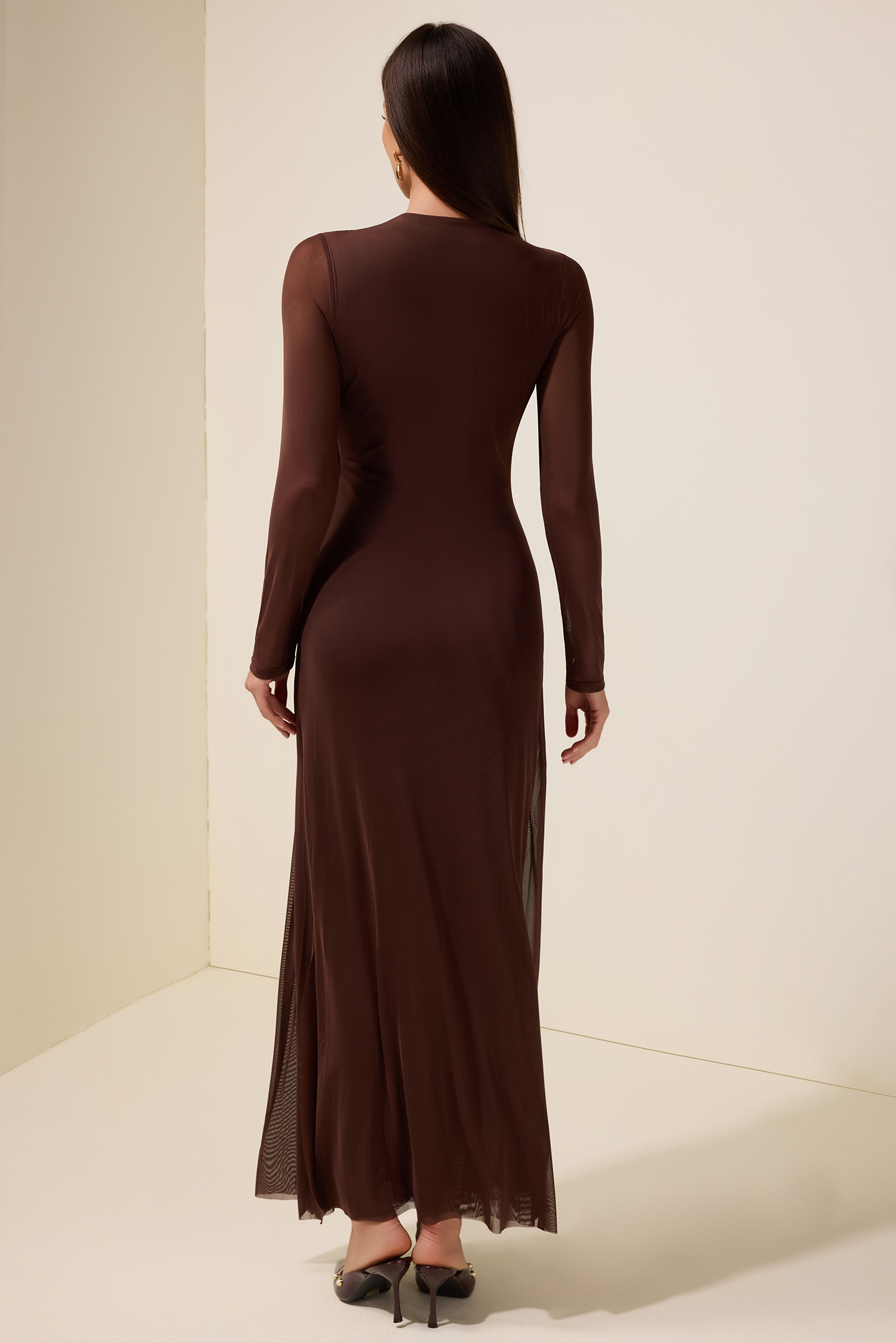 Mesh Woven Long Sleeve Maxi Dress