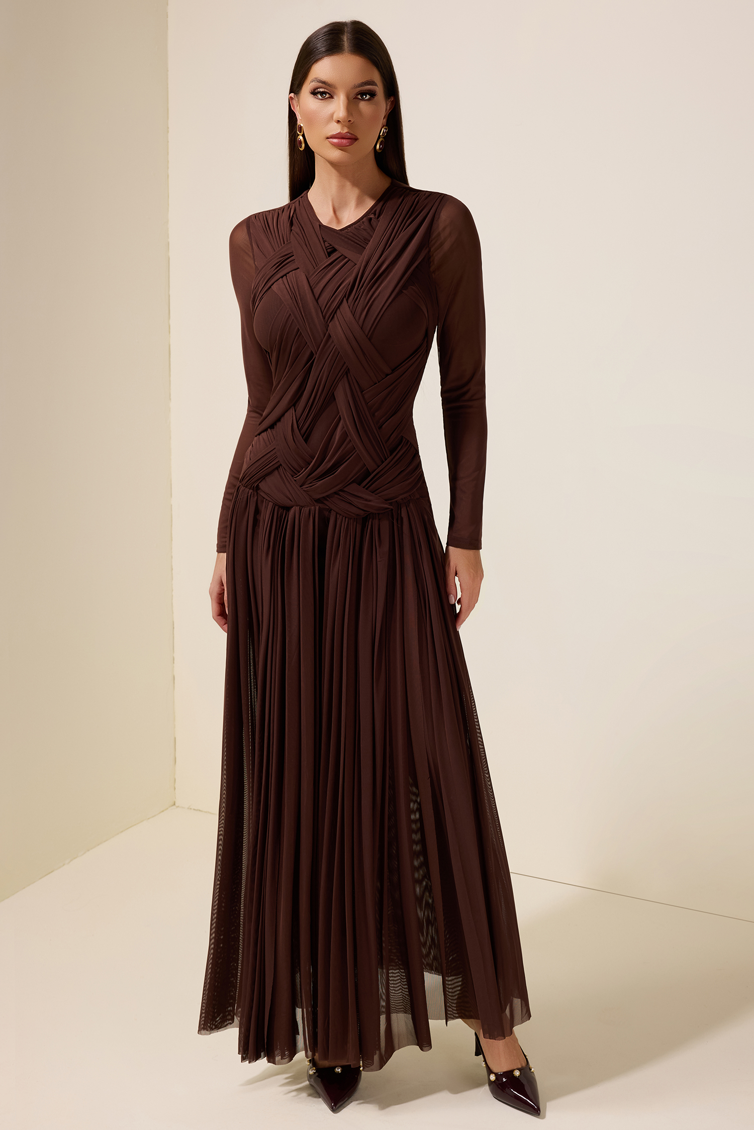 Mesh Woven Long Sleeve Maxi Dress