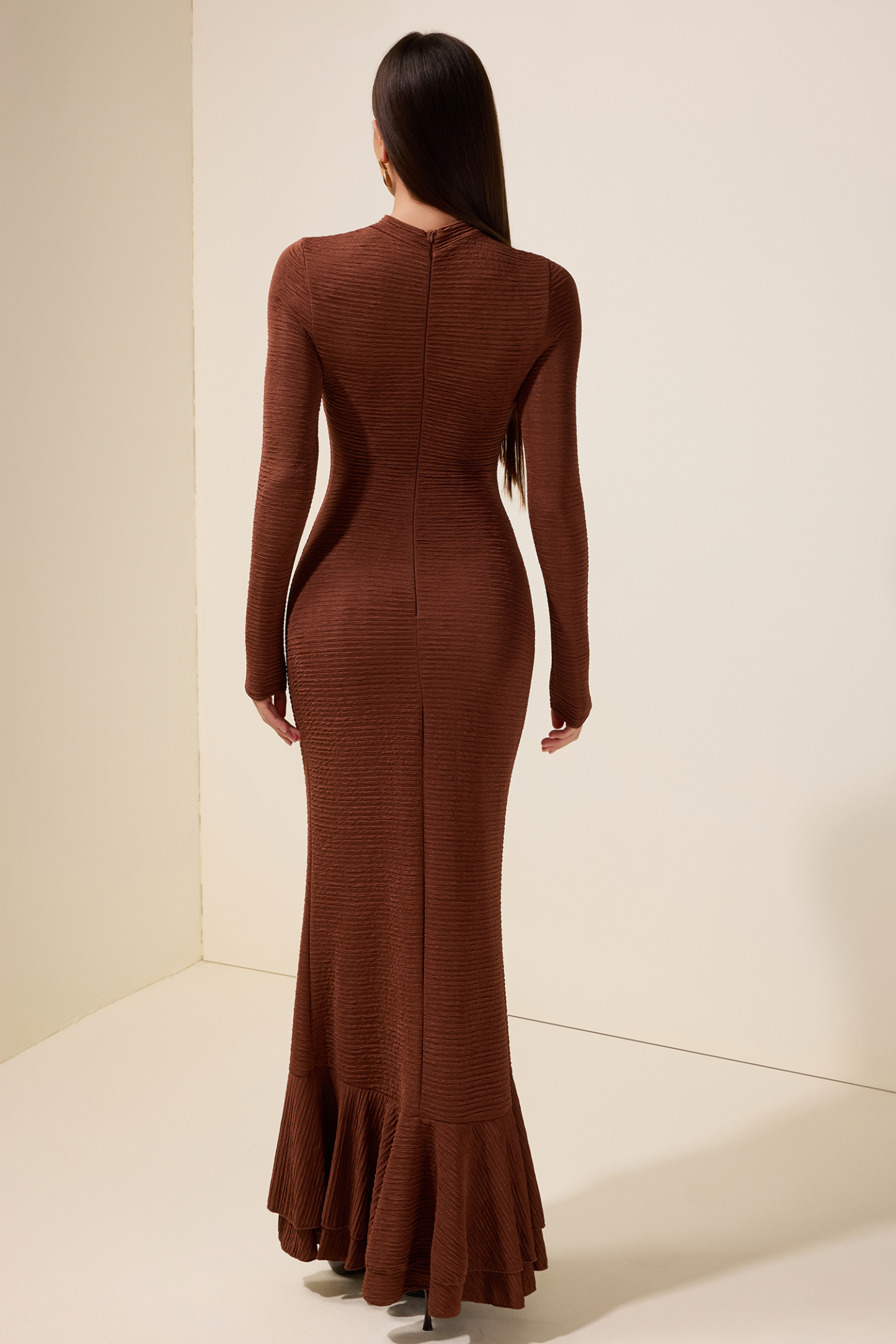 Crumpled Ruffle Long Sleeve Maxi Dress