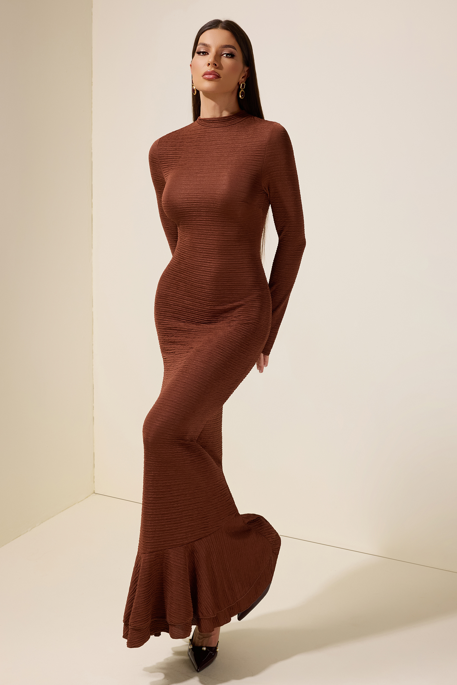 Crumpled Ruffle Long Sleeve Maxi Dress