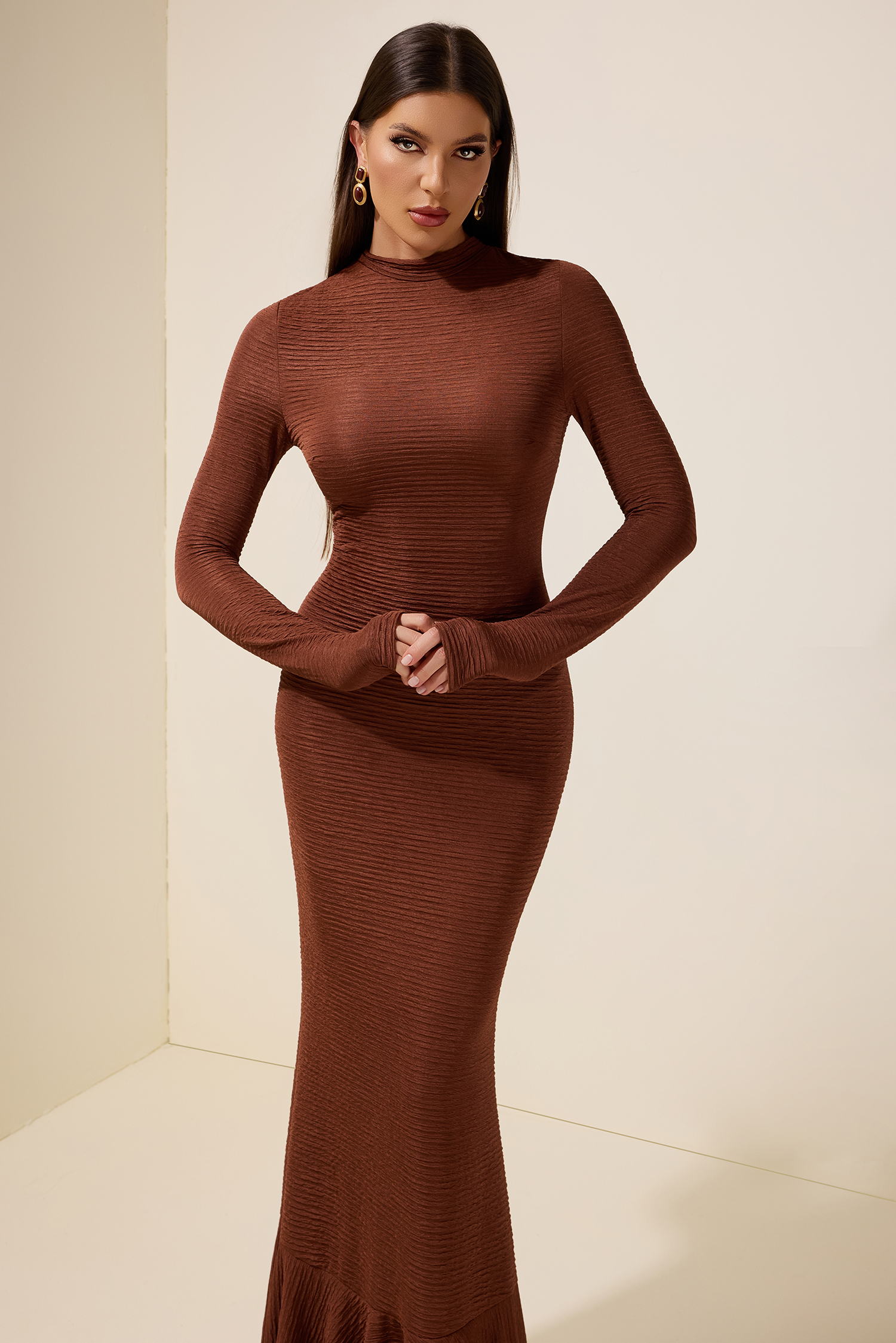 Crumpled Ruffle Long Sleeve Maxi Dress