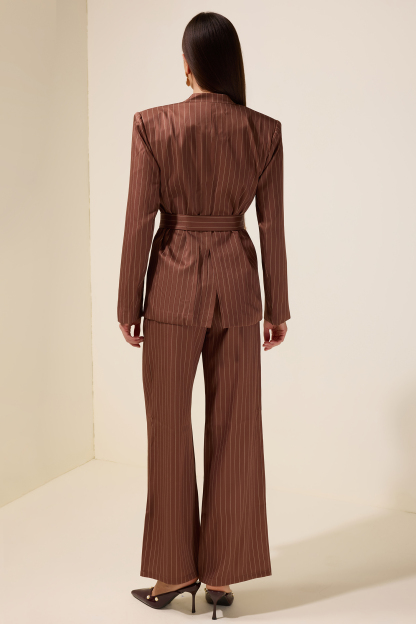 Stripe Blazer With Belt & High Waist Pants Set