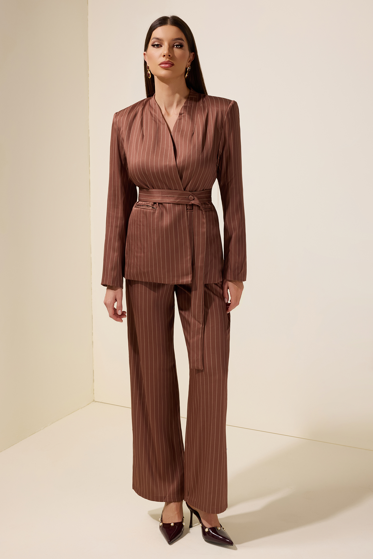 Stripe Blazer With Belt & High Waist Pants Set