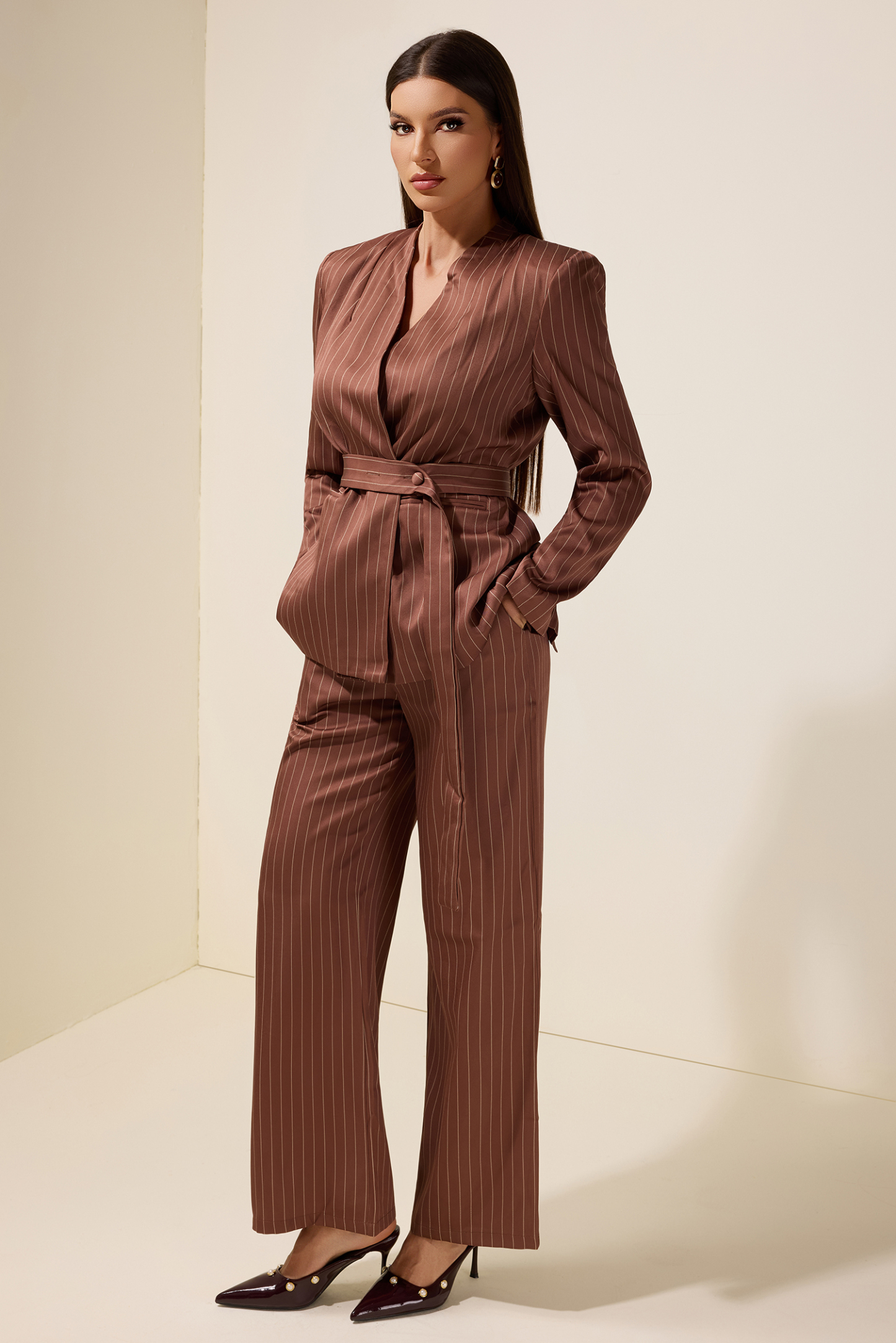 Stripe Blazer With Belt & High Waist Pants Set