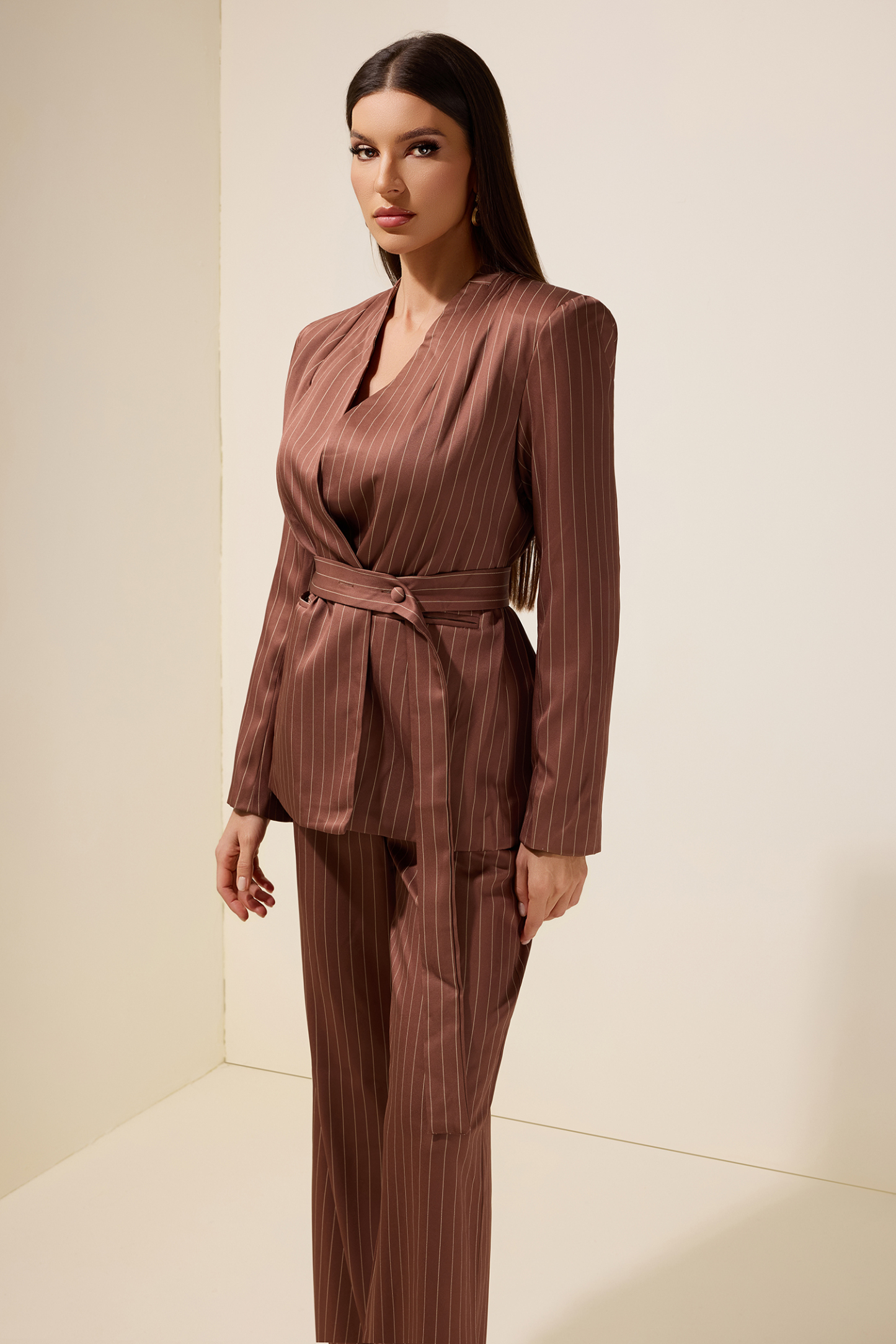 Stripe Blazer With Belt & High Waist Pants Set