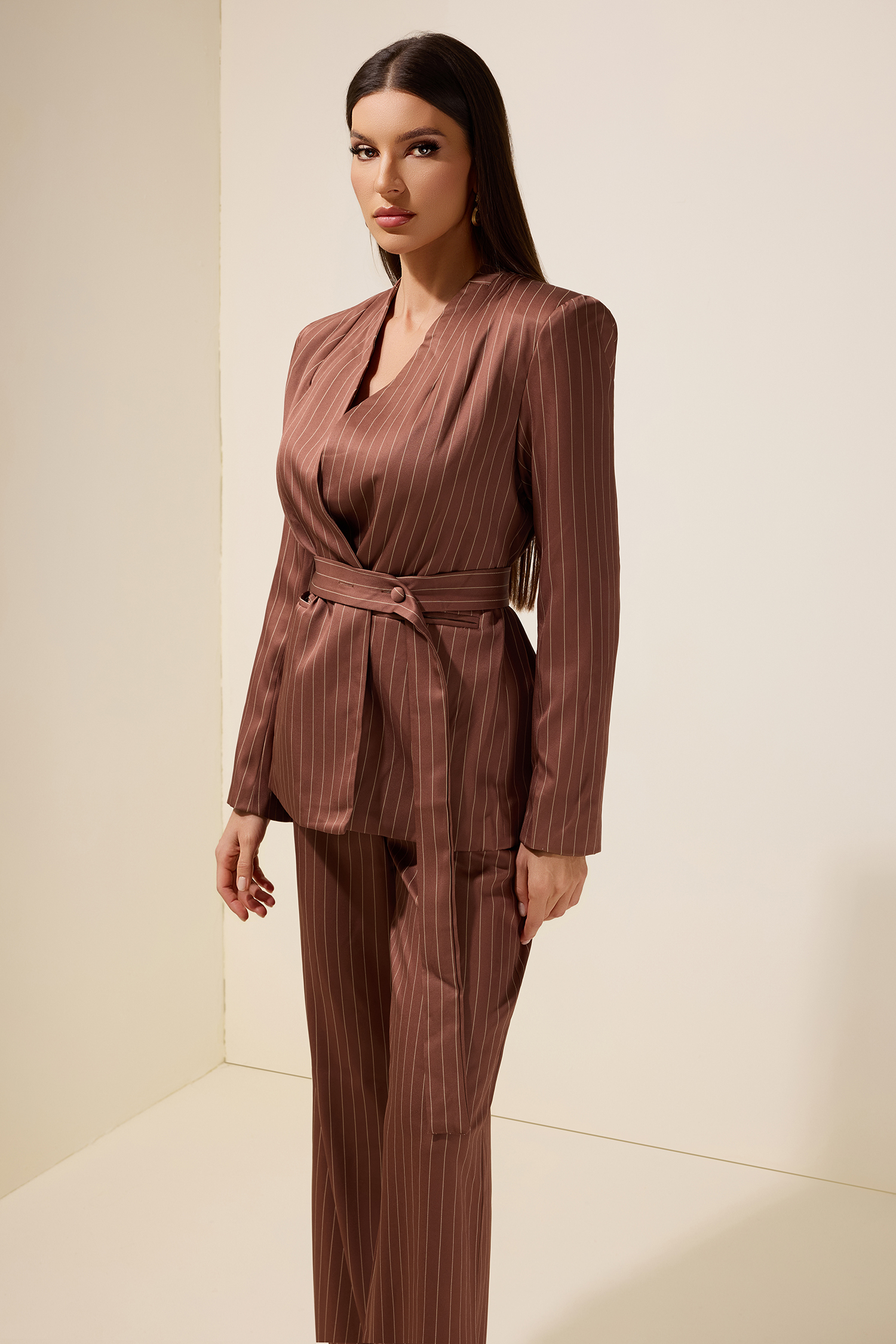 Stripe Blazer With Belt & High Waist Pants Set