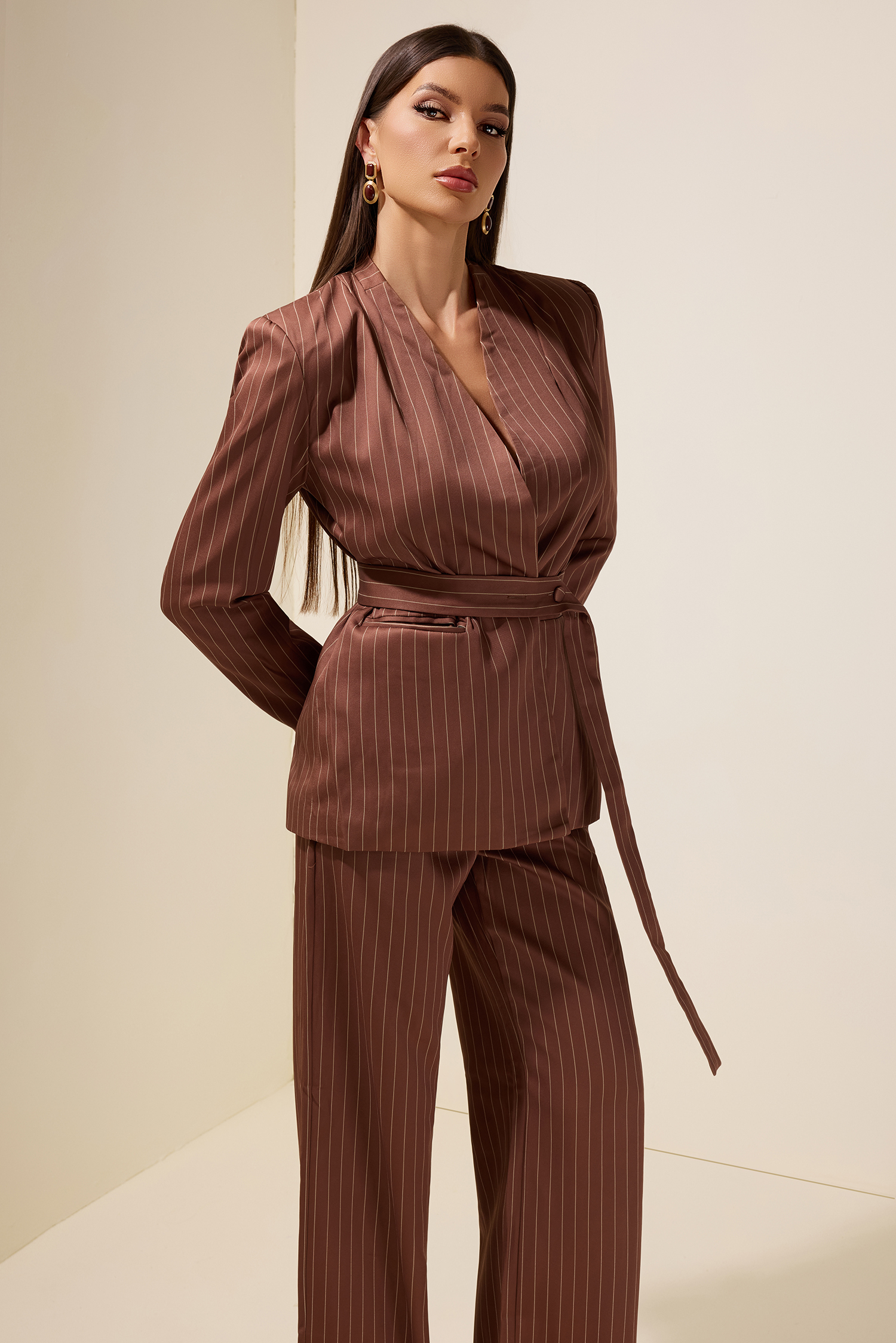 Stripe Blazer With Belt & High Waist Pants Set
