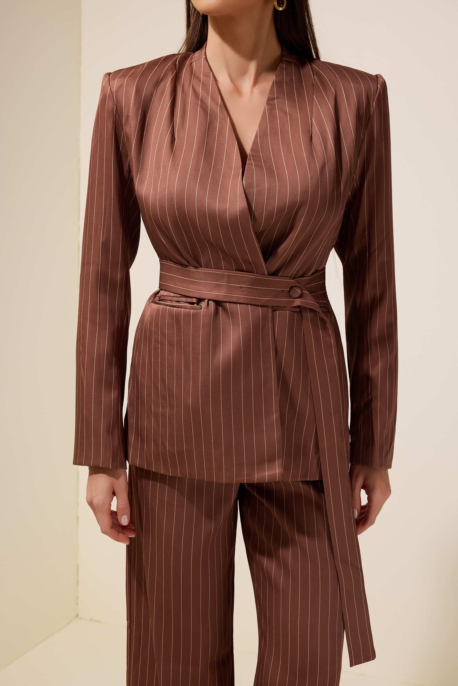 Stripe Blazer With Belt & High Waist Pants Set