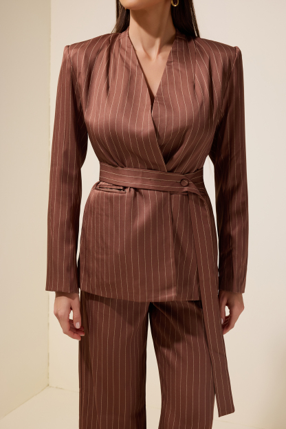 Stripe Blazer With Belt & High Waist Pants Set