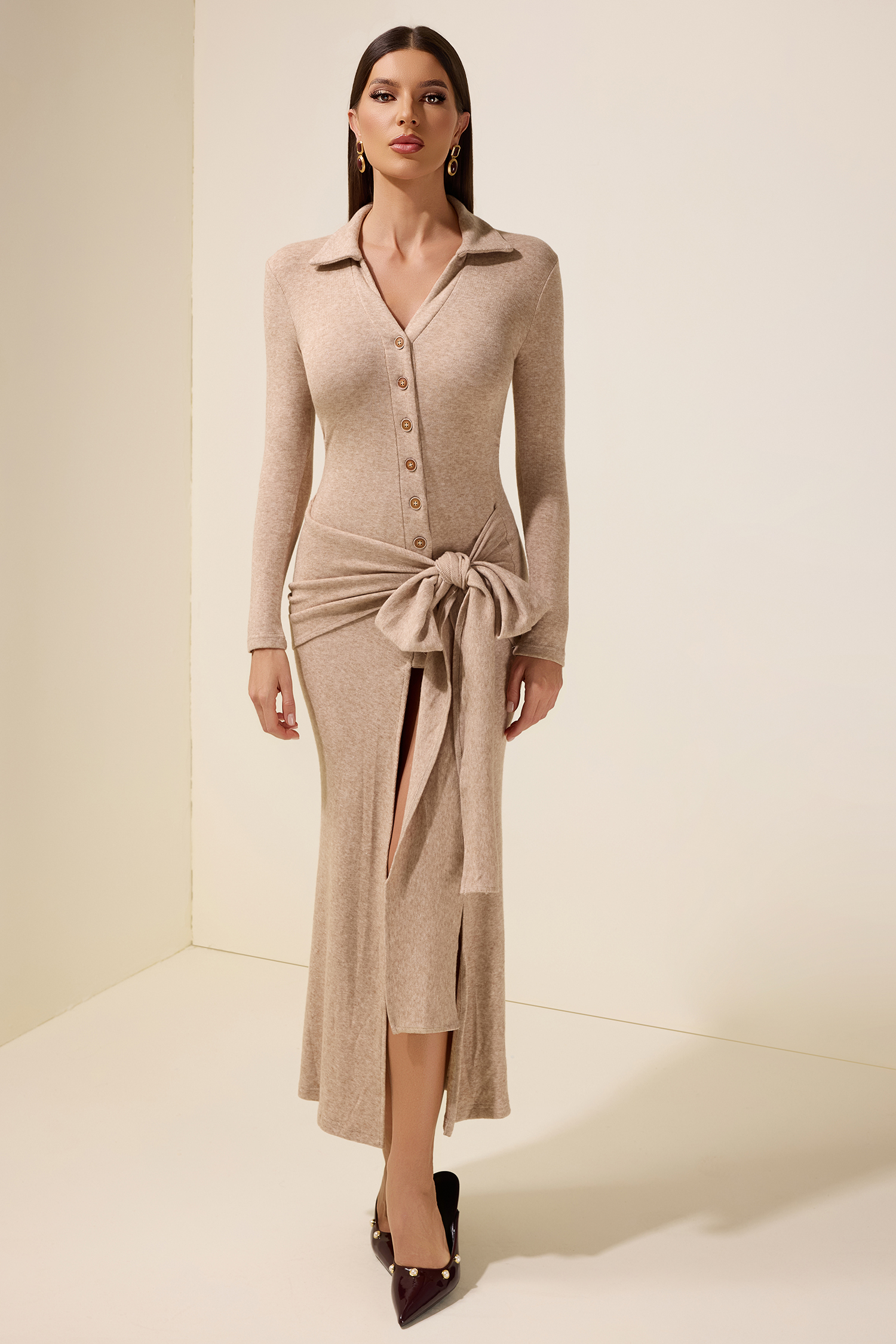 Jersey Button Lace-Up Midi Dress