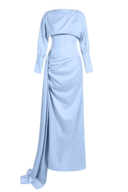 Satin Gathering Boat Neck Maxi Dress