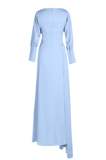 Satin Gathering Boat Neck Maxi Dress