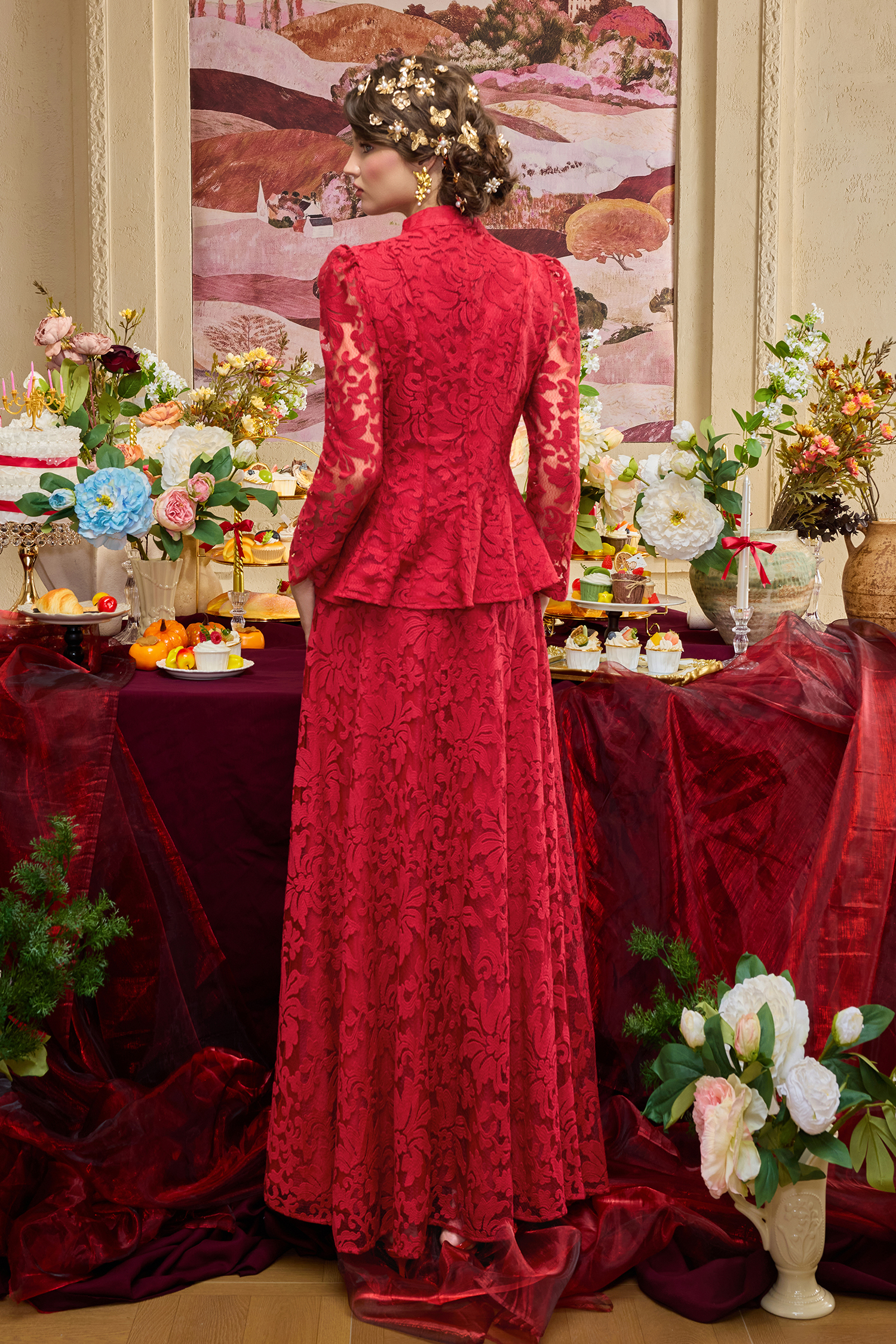 Lace Nail Bead Embroidery Top & Hight Waist Midi Skirt Set