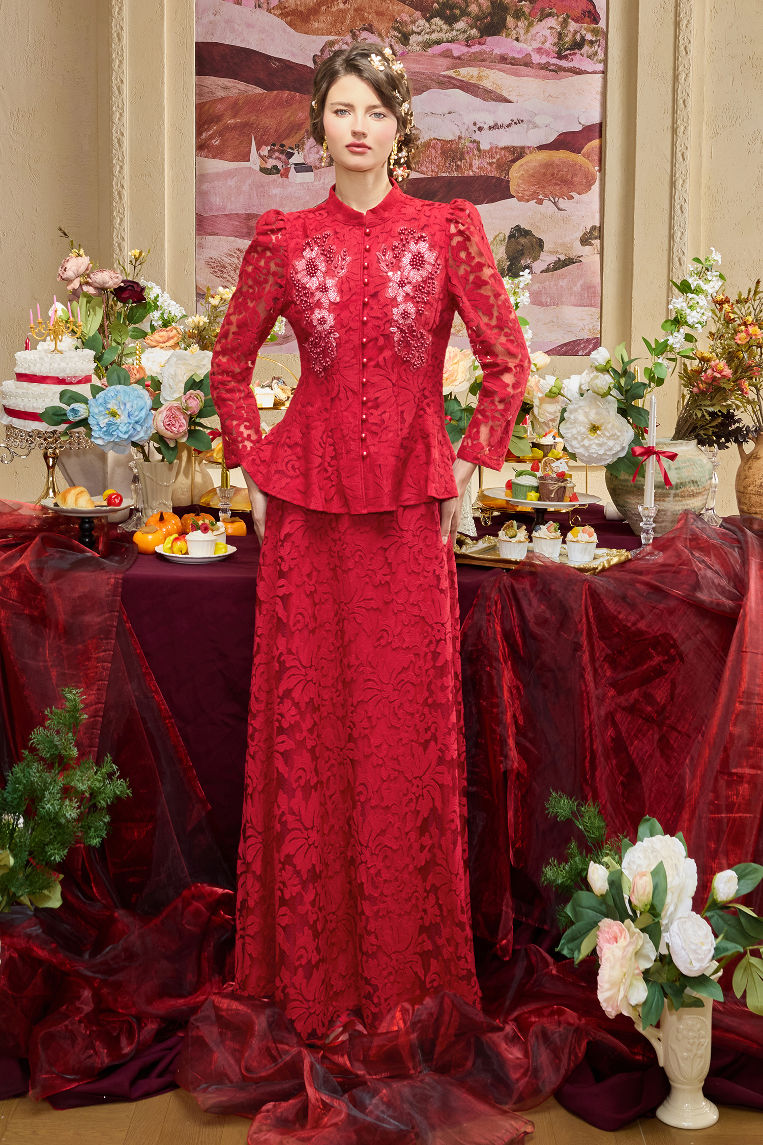 Lace Nail Bead Embroidery Top & Hight Waist Midi Skirt Set