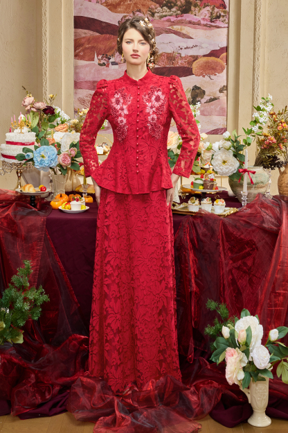 Lace Nail Bead Embroidery Top & Hight Waist Midi Skirt Set