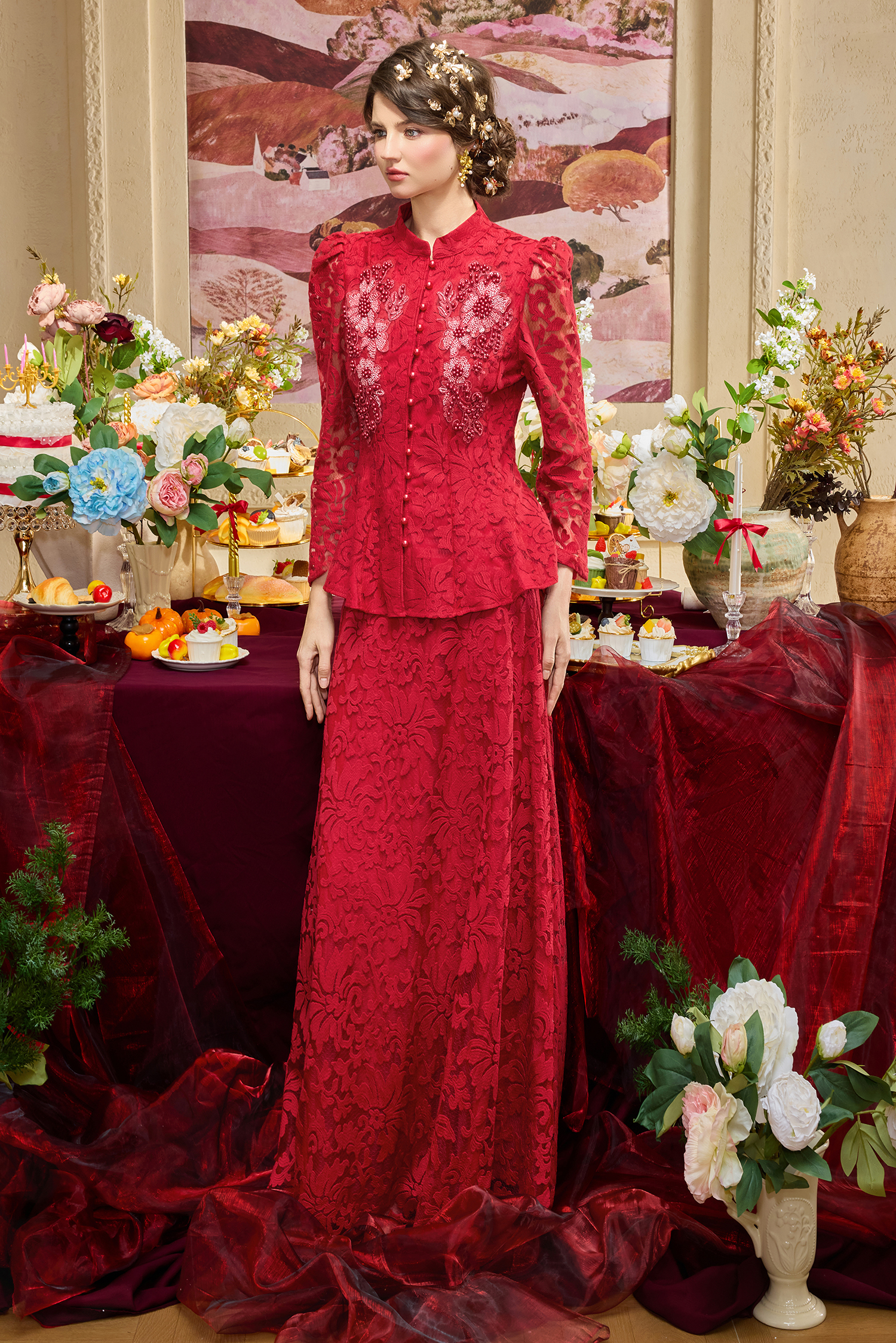 Lace Nail Bead Embroidery Top & Hight Waist Midi Skirt Set